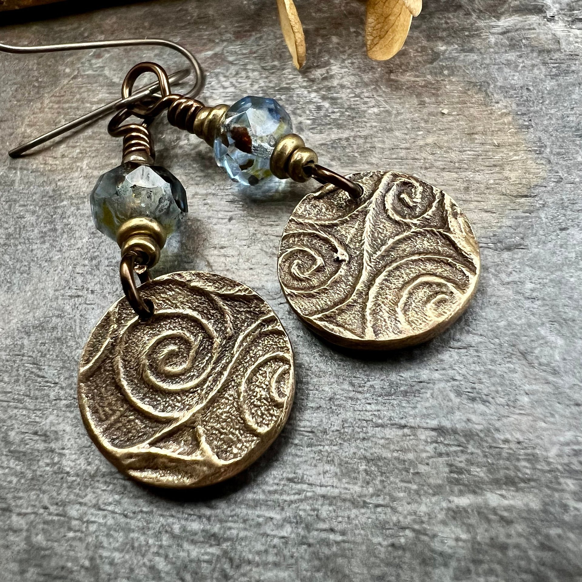 Bronze Owl Earrings, Earthy Witch Jewelry, Faceted Czech Glass Beads, Hypoallergenic Ear Wires, Light Dangle Earrings, Handmade Art Jewelry