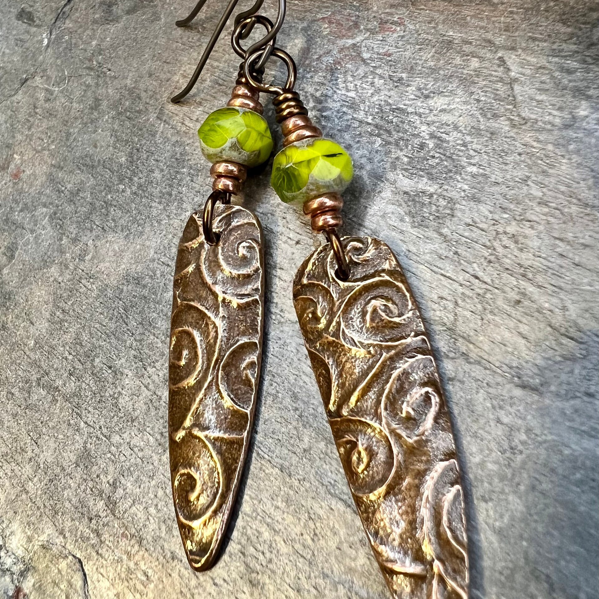 Celtic Spiral Earrings, Copper Shield, Irish Celtic Spirals, Statement Dangle Earrings, Hypoallergenic Ear Wires, Green Czech Glass, Goddess