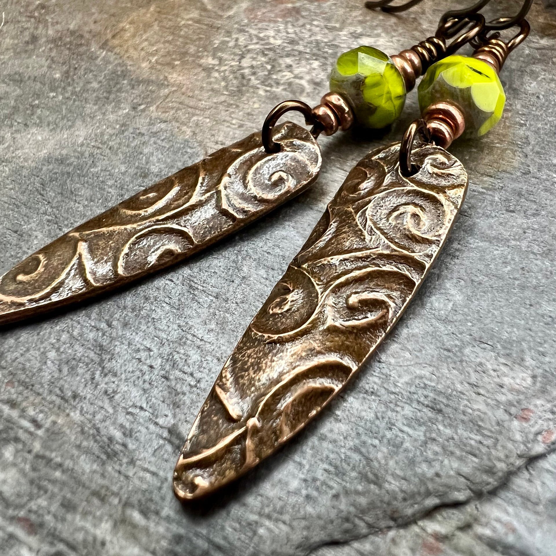 Celtic Spiral Earrings, Copper Shield, Irish Celtic Spirals, Statement Dangle Earrings, Hypoallergenic Ear Wires, Green Czech Glass, Goddess