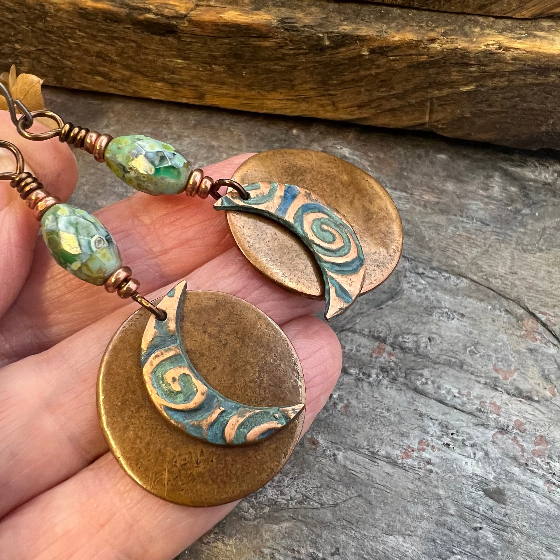 Crescent Moon, Copper Disc Earrings, Czech Glass Beads, Copper & Blue, Crescent Moon, Luna Goddess, Celtic Witch, Pagan Wicca, Moon Lover
