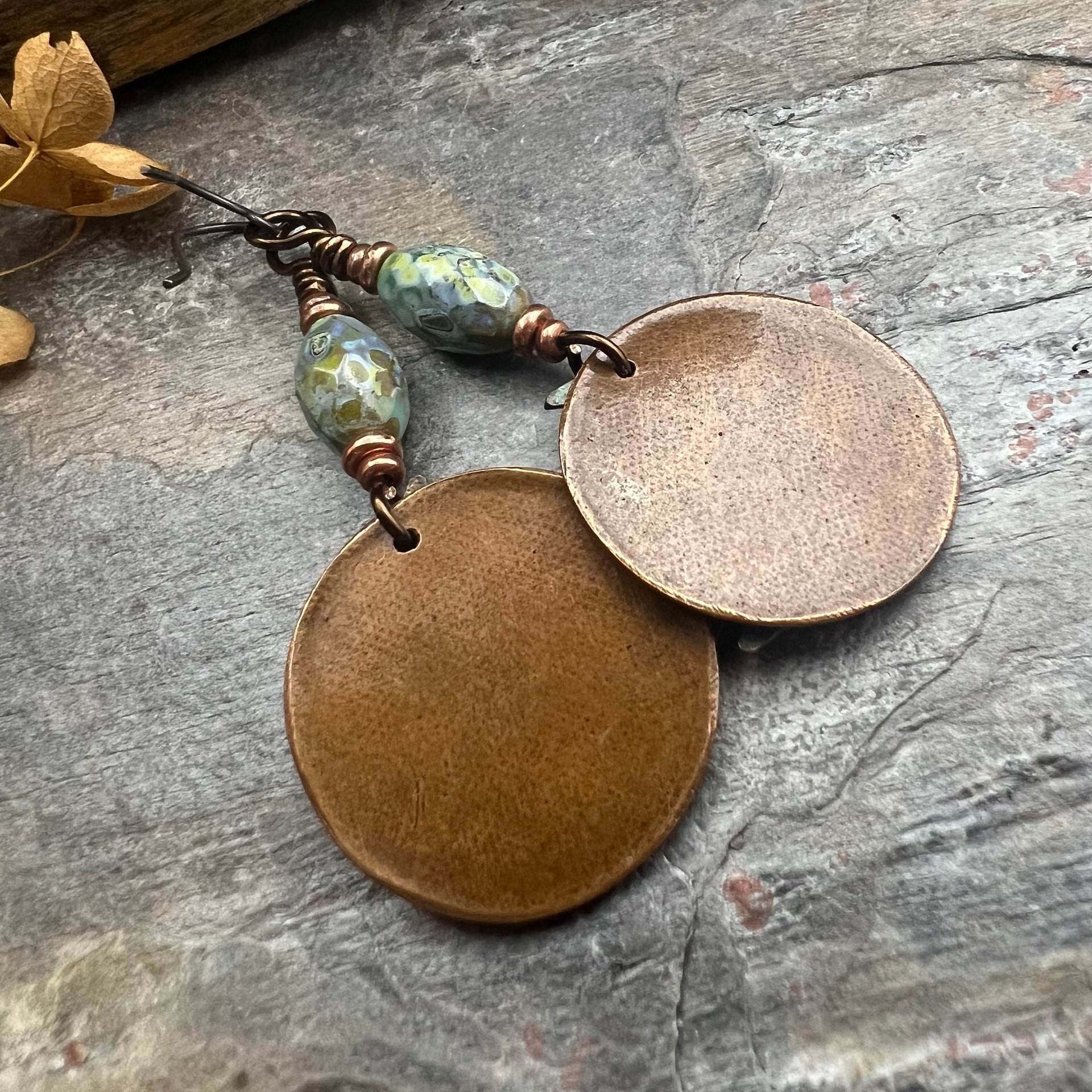 Crescent Moon, Copper Disc Earrings, Czech Glass Beads, Copper & Blue, Crescent Moon, Luna Goddess, Celtic Witch, Pagan Wicca, Moon Lover