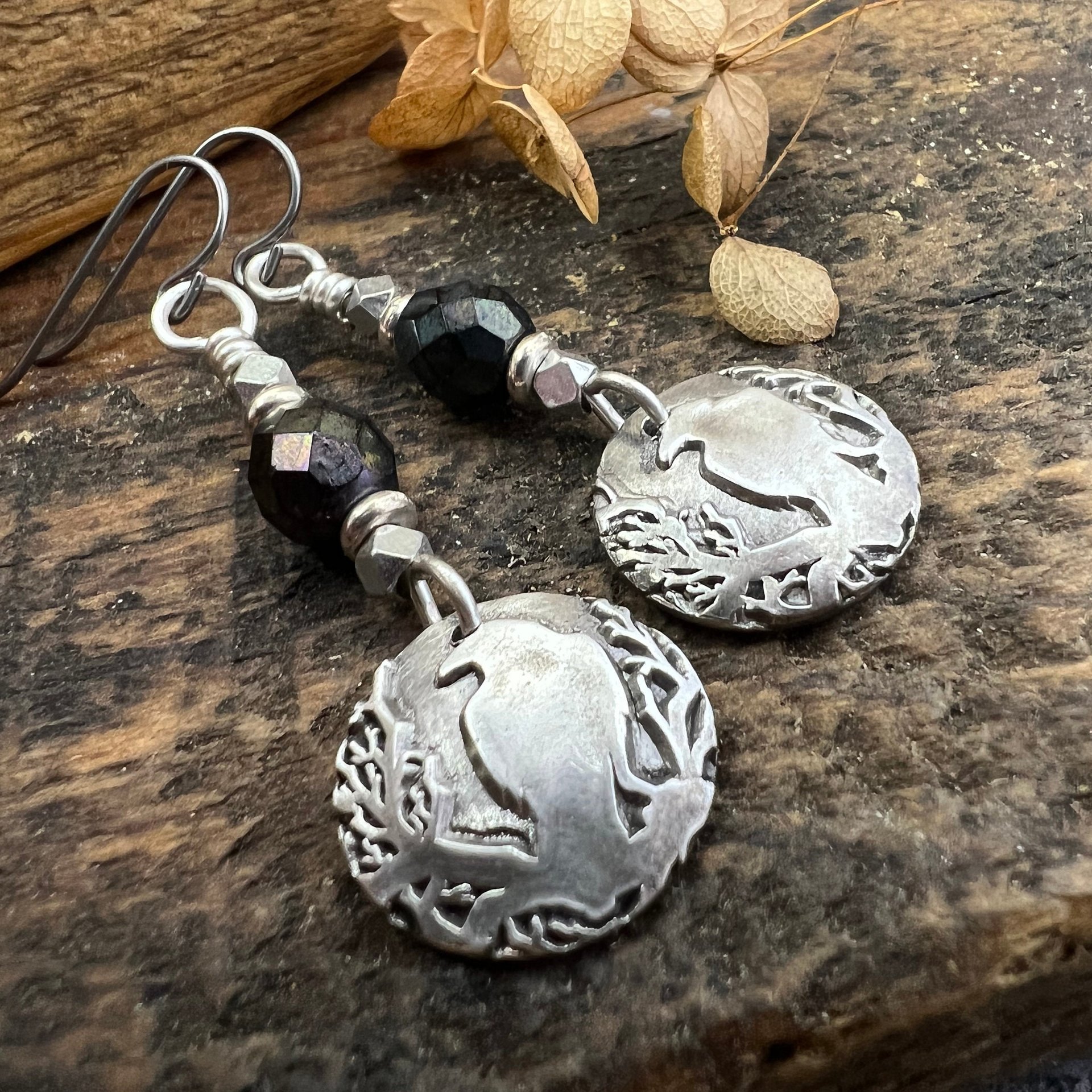 Sterling Silver Raven Earrings, Irish Celtic Jewelry, Crow Blackbird, Niobium Ear Wires, Hypoallergenic, Czech Glass Beads, Pagan Jewelry