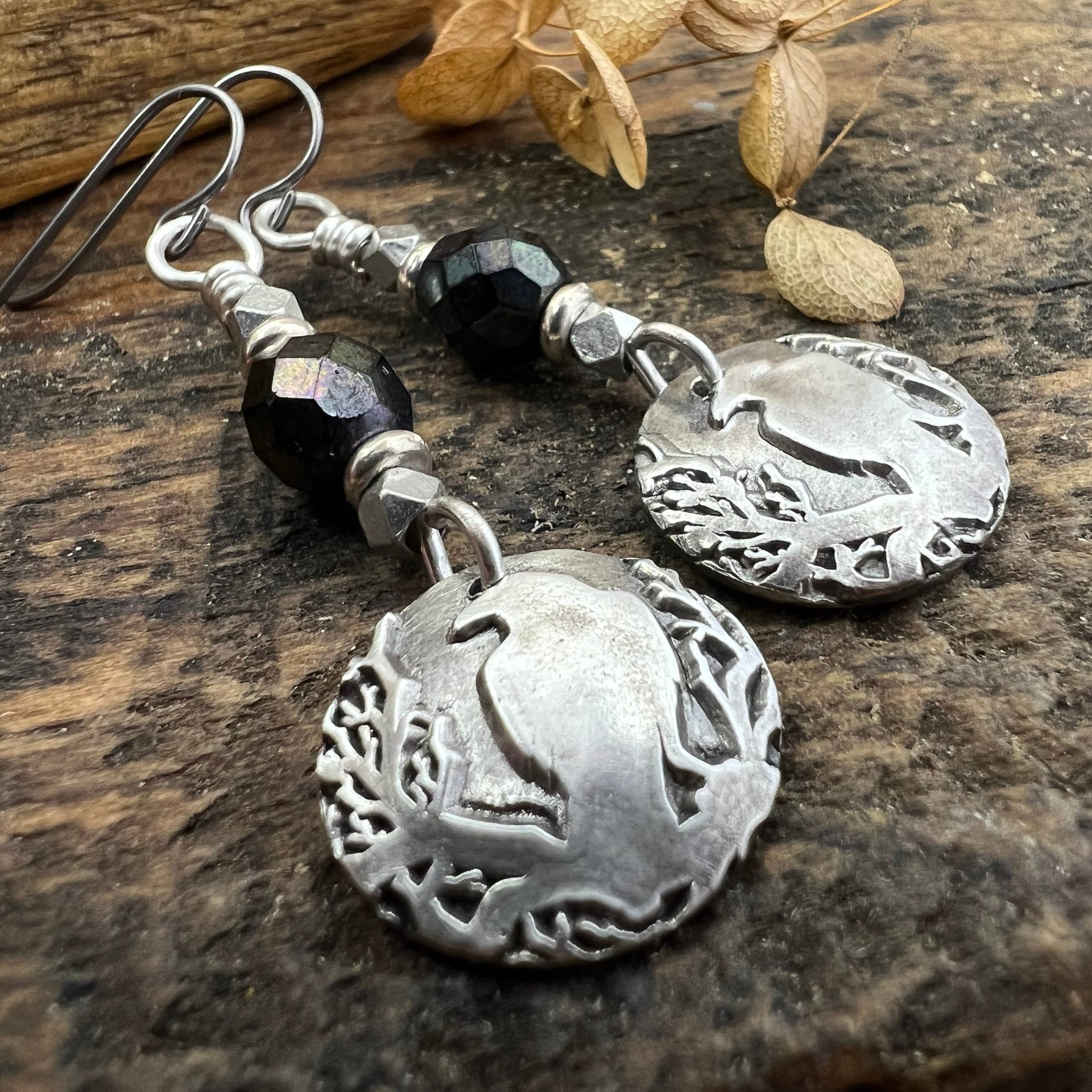 Sterling Silver Raven Earrings, Irish Celtic Jewelry, Crow Blackbird, Niobium Ear Wires, Hypoallergenic, Czech Glass Beads, Pagan Jewelry