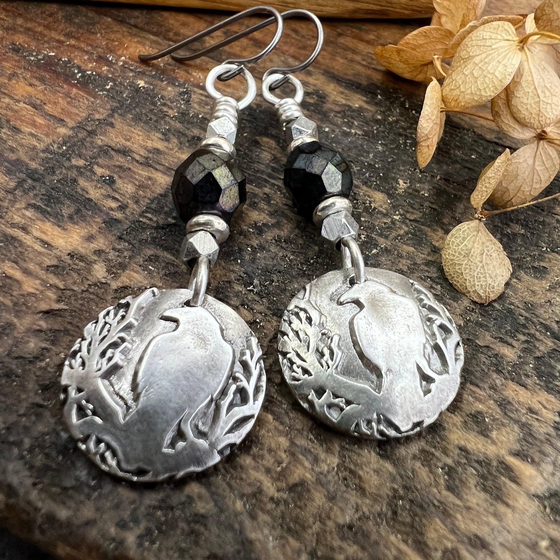 Sterling Silver Raven Earrings, Irish Celtic Jewelry, Crow Blackbird, Niobium Ear Wires, Hypoallergenic, Czech Glass Beads, Pagan Jewelry