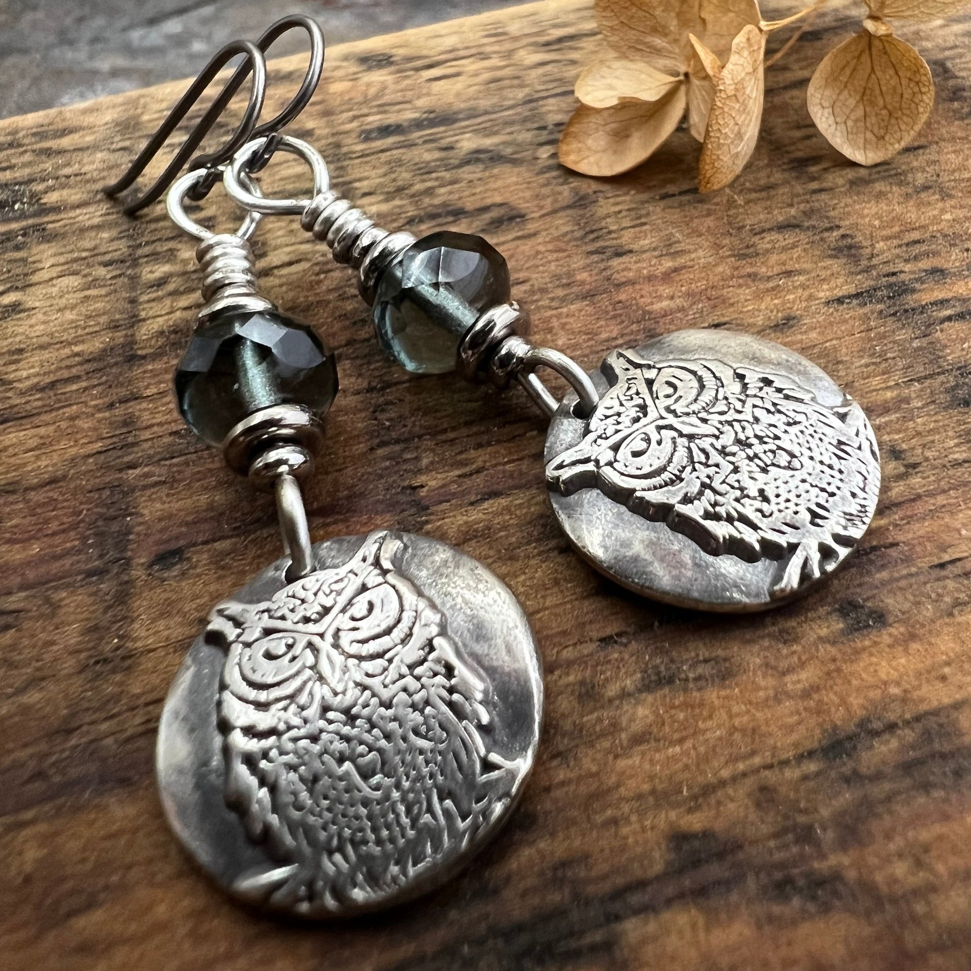 Sterling Silver Owl Earrings, Niobium Ear Wires, Hypoallergenic, Czech Glass Beads, Bird Jewelry, Night Flyers, Mystical Magical, Wise Owl