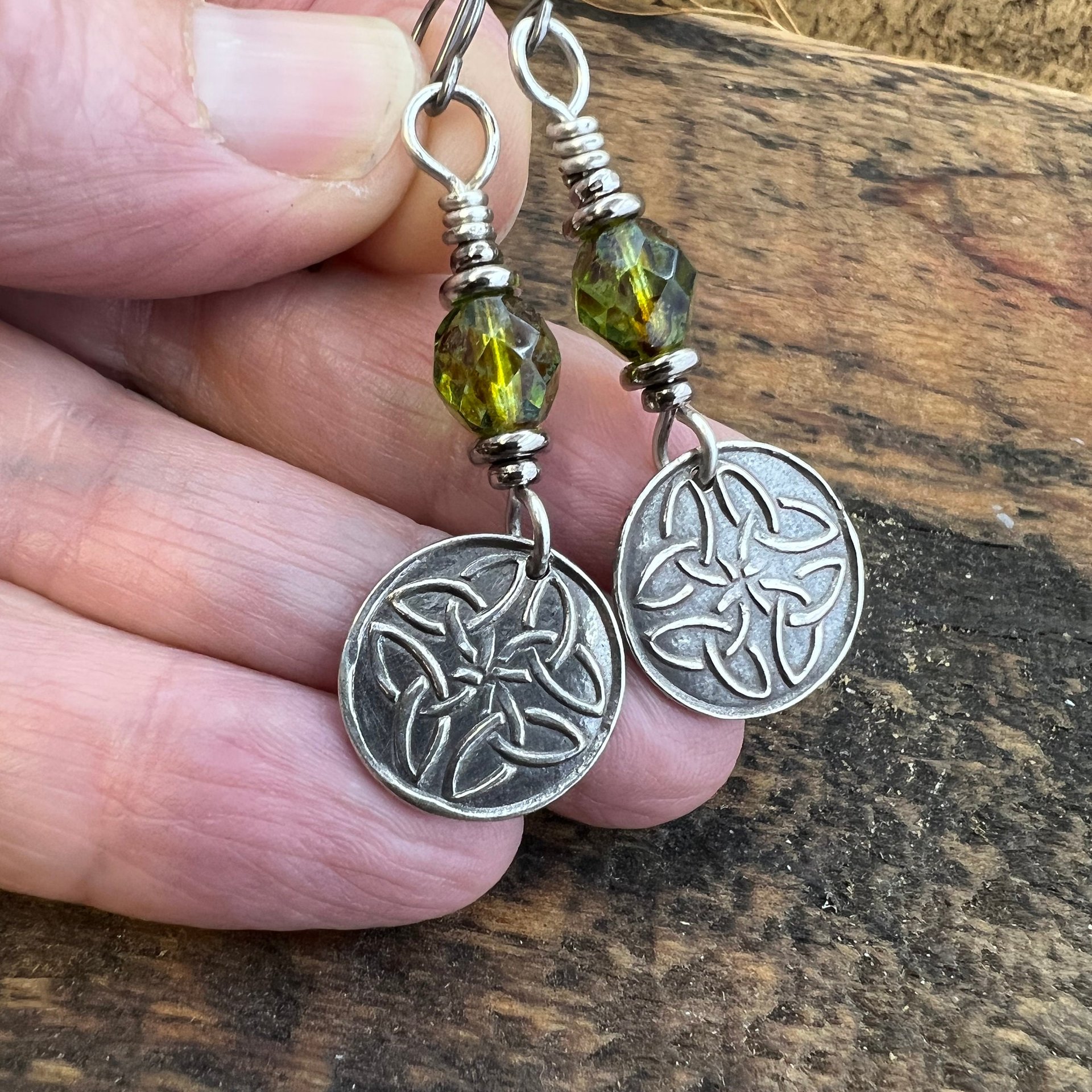 Trinity Knot, Sterling Silver Earrings, Irish Celtic, Czech Glass, Niobium Ear Wires, Hypoallergenic, Round Disc, Green Tree Witch, Druid