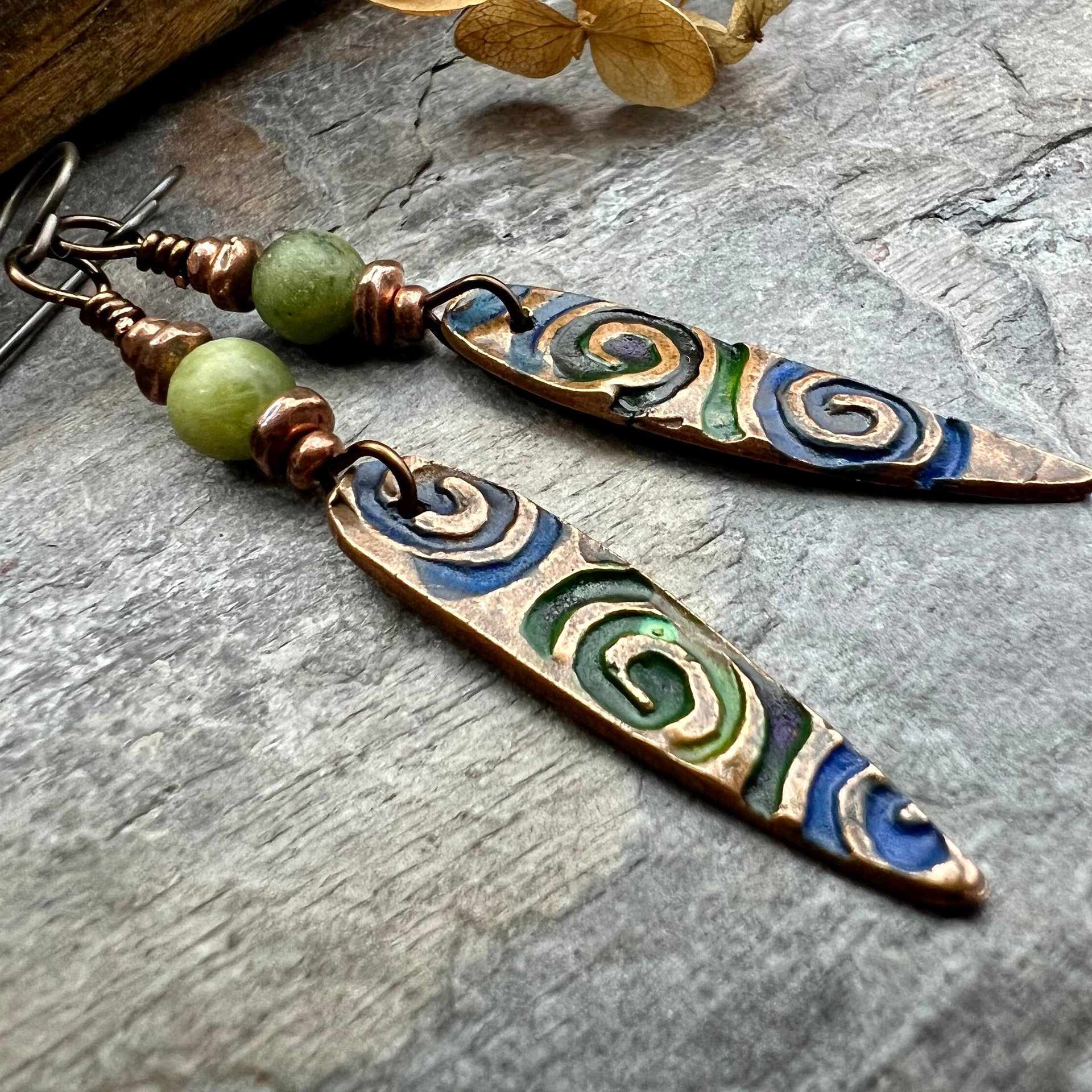 Copper Spirals Earrings, Copper Patina, Irish Celtic Jewelry, Colorful Copper, Connemara Marble, Celtic Witch Goddess, Handmade Art Jewelry