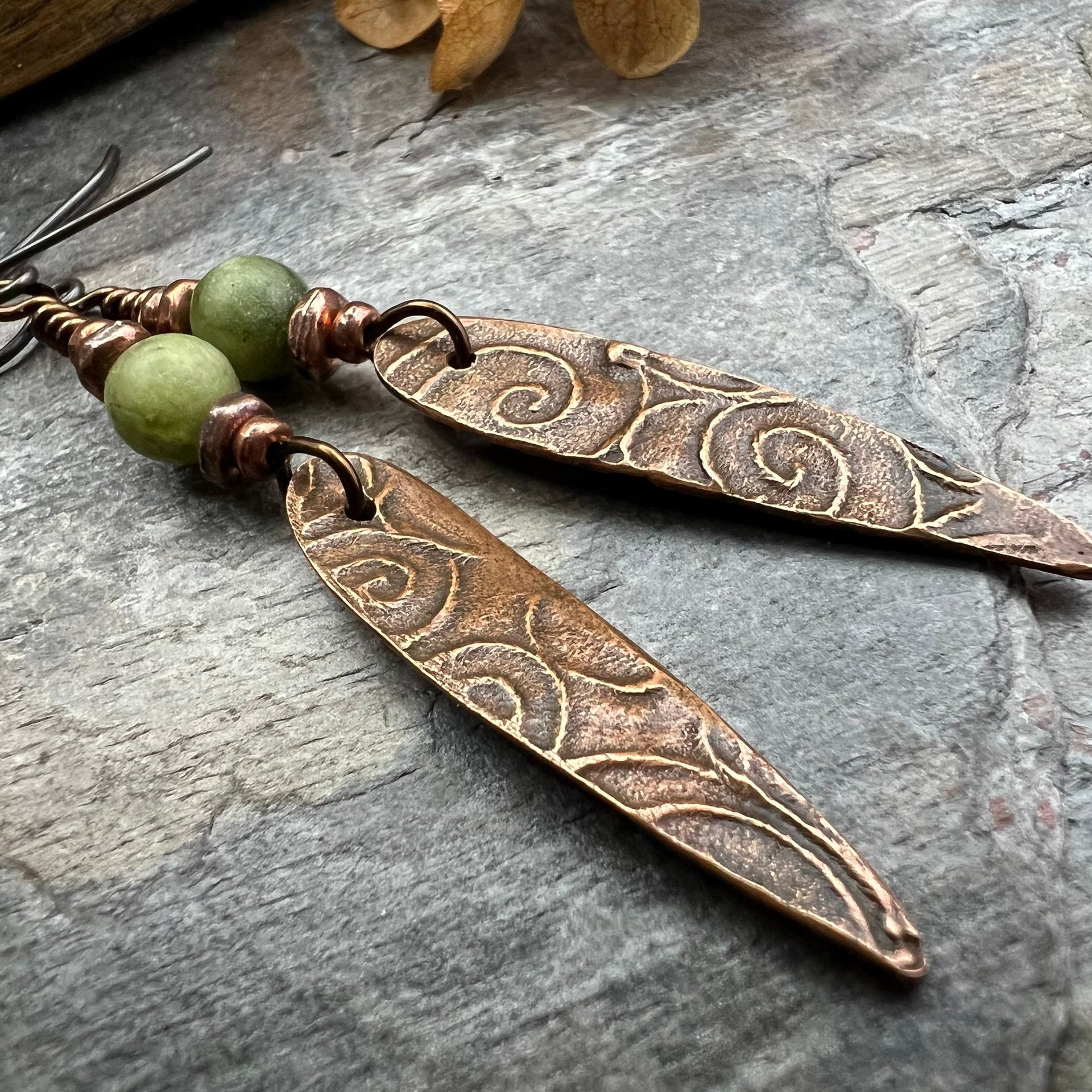 Copper Spirals Earrings, Copper Patina, Irish Celtic Jewelry, Colorful Copper, Connemara Marble, Celtic Witch Goddess, Handmade Art Jewelry