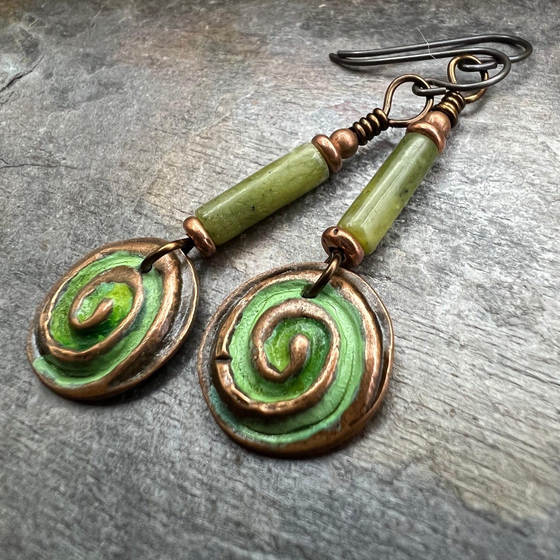 Copper Spirals Earrings, Copper Patina, Irish Celtic Jewelry, Colorful Copper, Connemara Marble, Celtic Witch Goddess, Handmade Art Jewelry