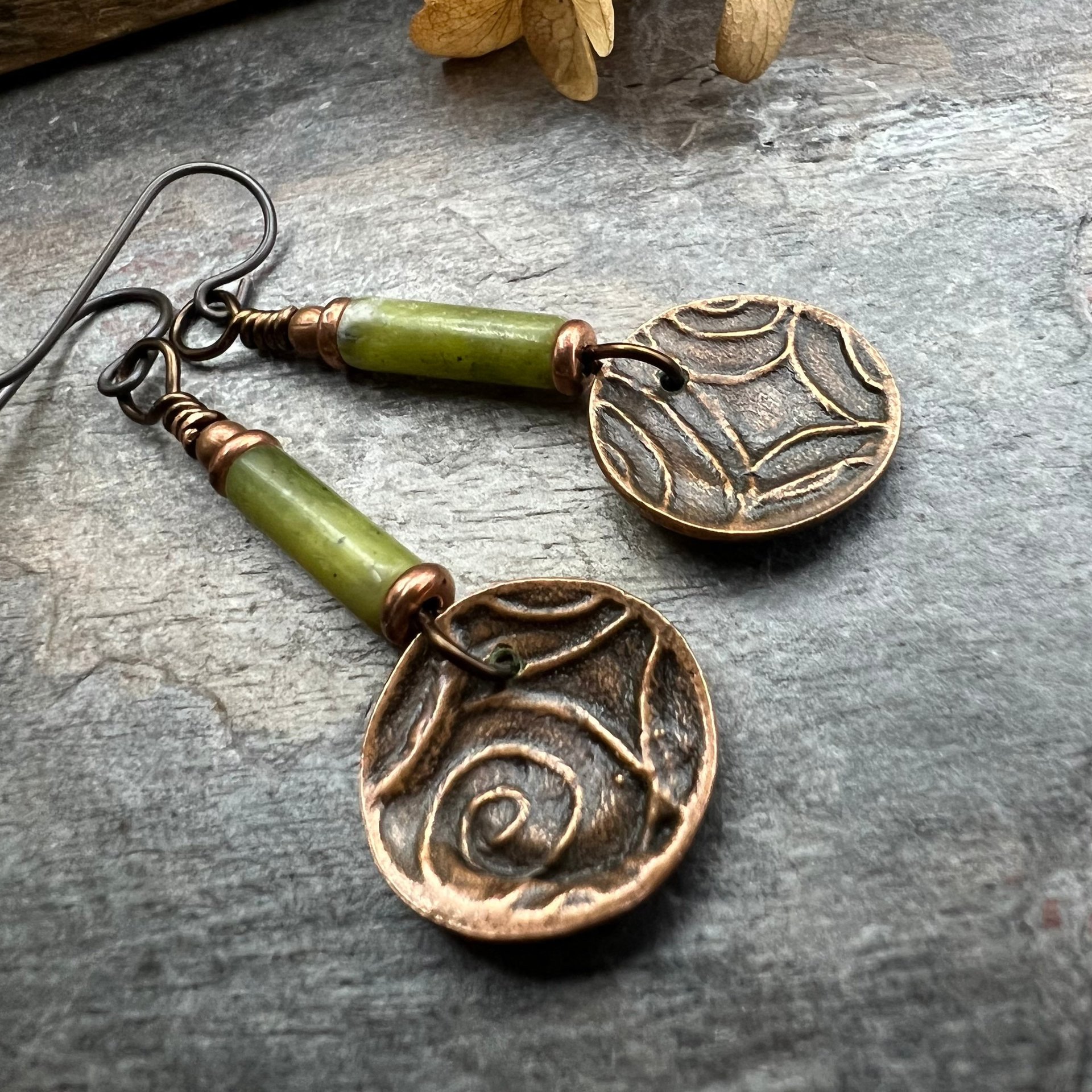 Copper Spirals Earrings, Copper Patina, Irish Celtic Jewelry, Colorful Copper, Connemara Marble, Celtic Witch Goddess, Handmade Art Jewelry