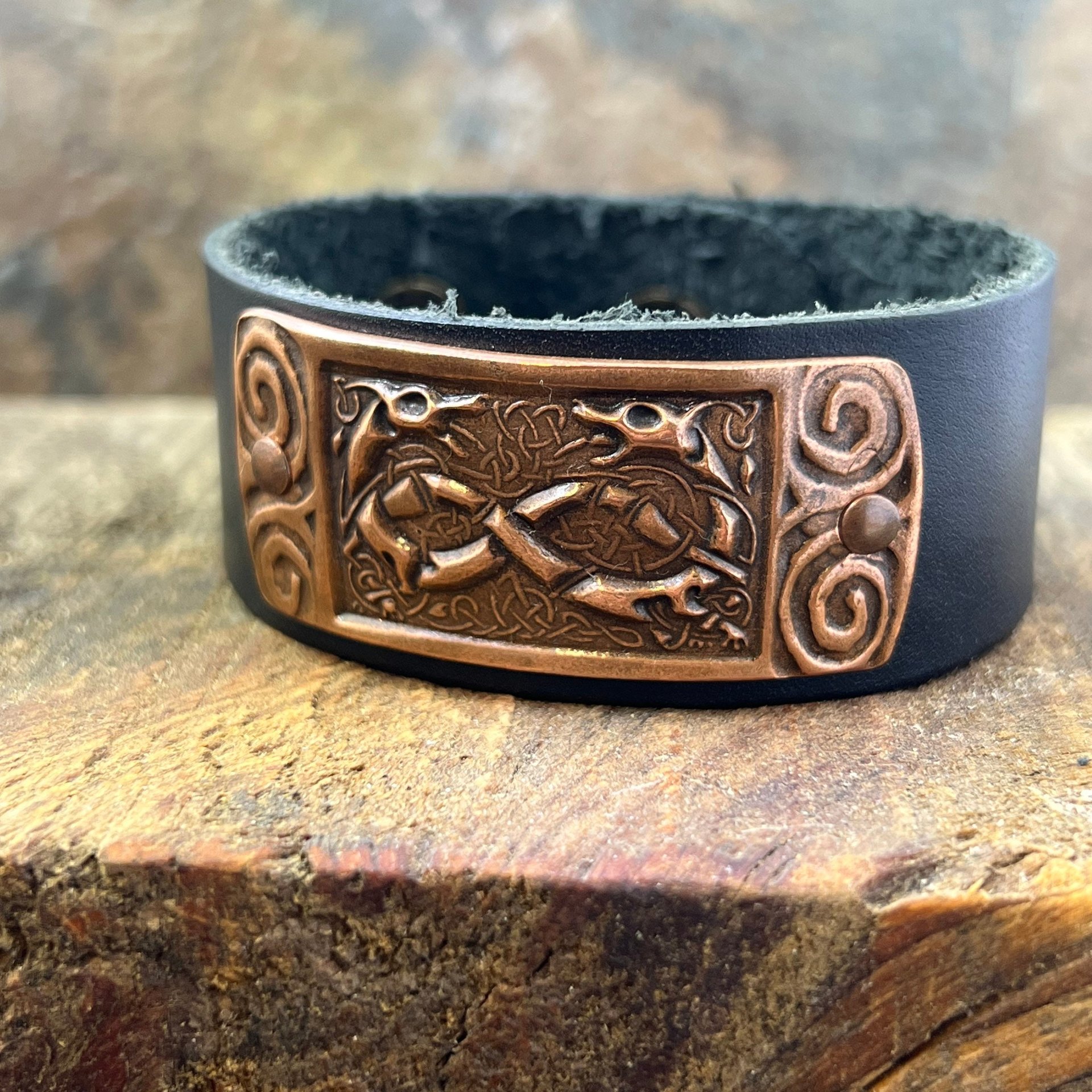 Celtic Hounds, Copper & Leather Cuff Bracelet, Irish Celtic, Unisex Jewelry, Black Leather Adjustable Cuff, Size 6.75-8, Earthy Rustic