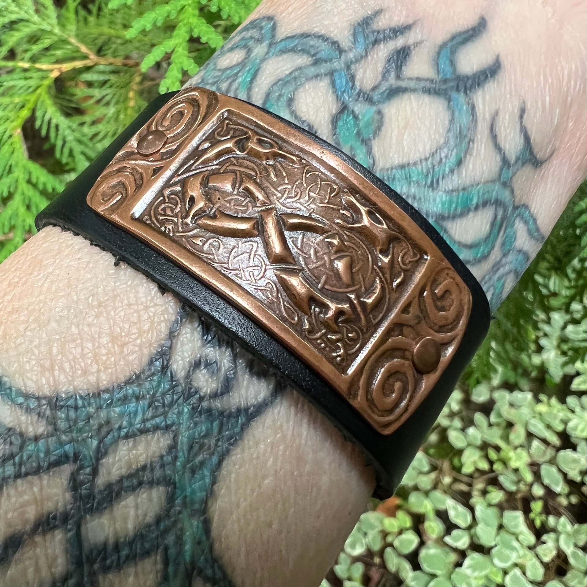 Celtic Hounds, Copper & Leather Cuff Bracelet, Irish Celtic, Unisex Jewelry, Black Leather Adjustable Cuff, Size 6.75-8, Earthy Rustic