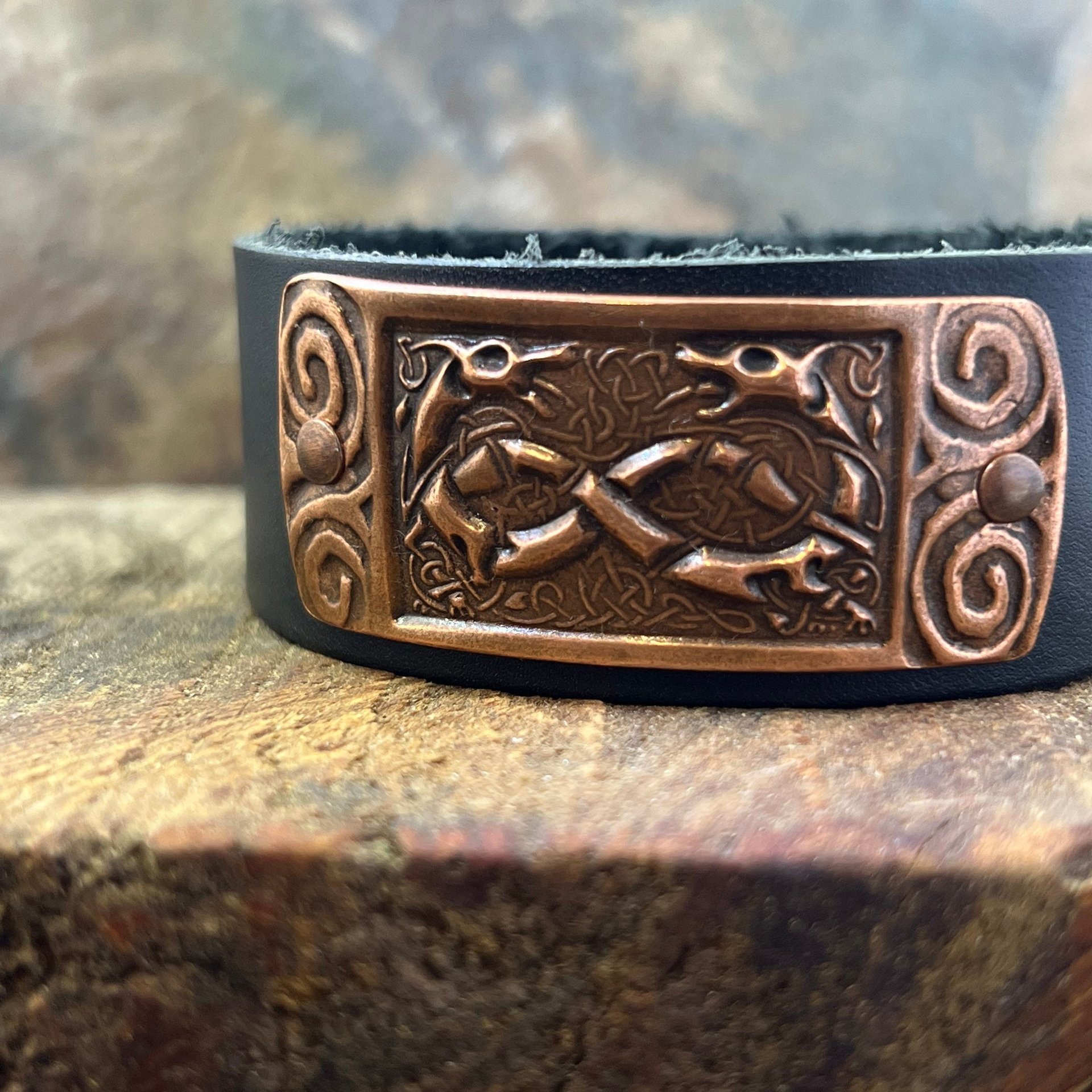 Celtic Hounds, Copper & Leather Cuff Bracelet, Irish Celtic, Unisex Jewelry, Black Leather Adjustable Cuff, Size 6.75-8, Earthy Rustic