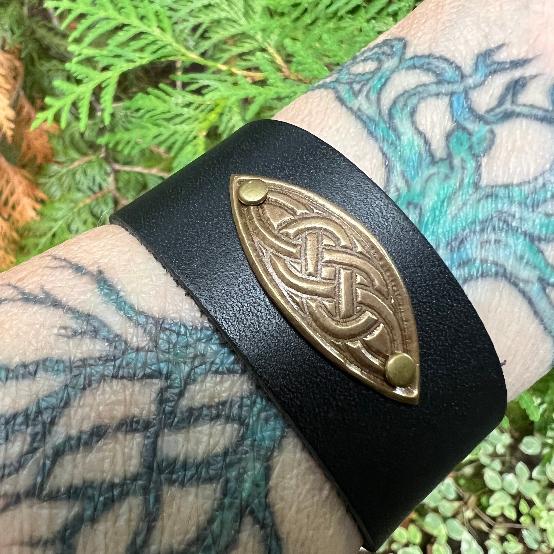 Celtic Knots, Bronze & Leather Cuff Bracelet, Irish Celtic, Unisex Jewelry, Black Leather Adjustable Cuff, Size 6.75-8, Earthy Rustic
