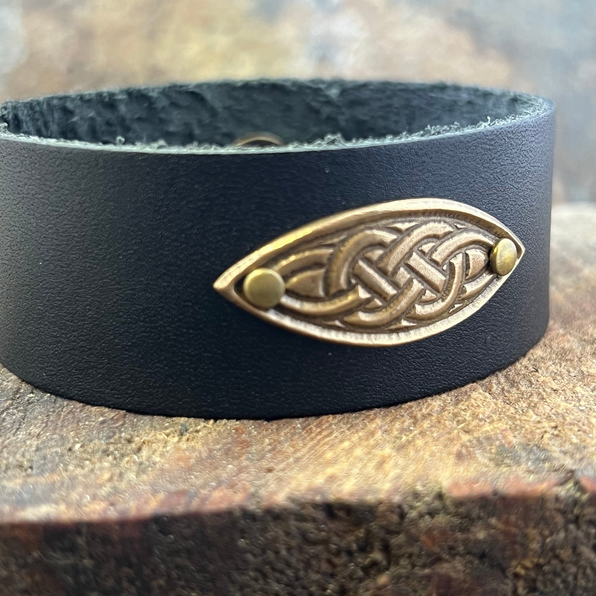 Celtic Knots, Bronze & Leather Cuff Bracelet, Irish Celtic, Unisex Jewelry, Black Leather Adjustable Cuff, Size 6.75-8, Earthy Rustic