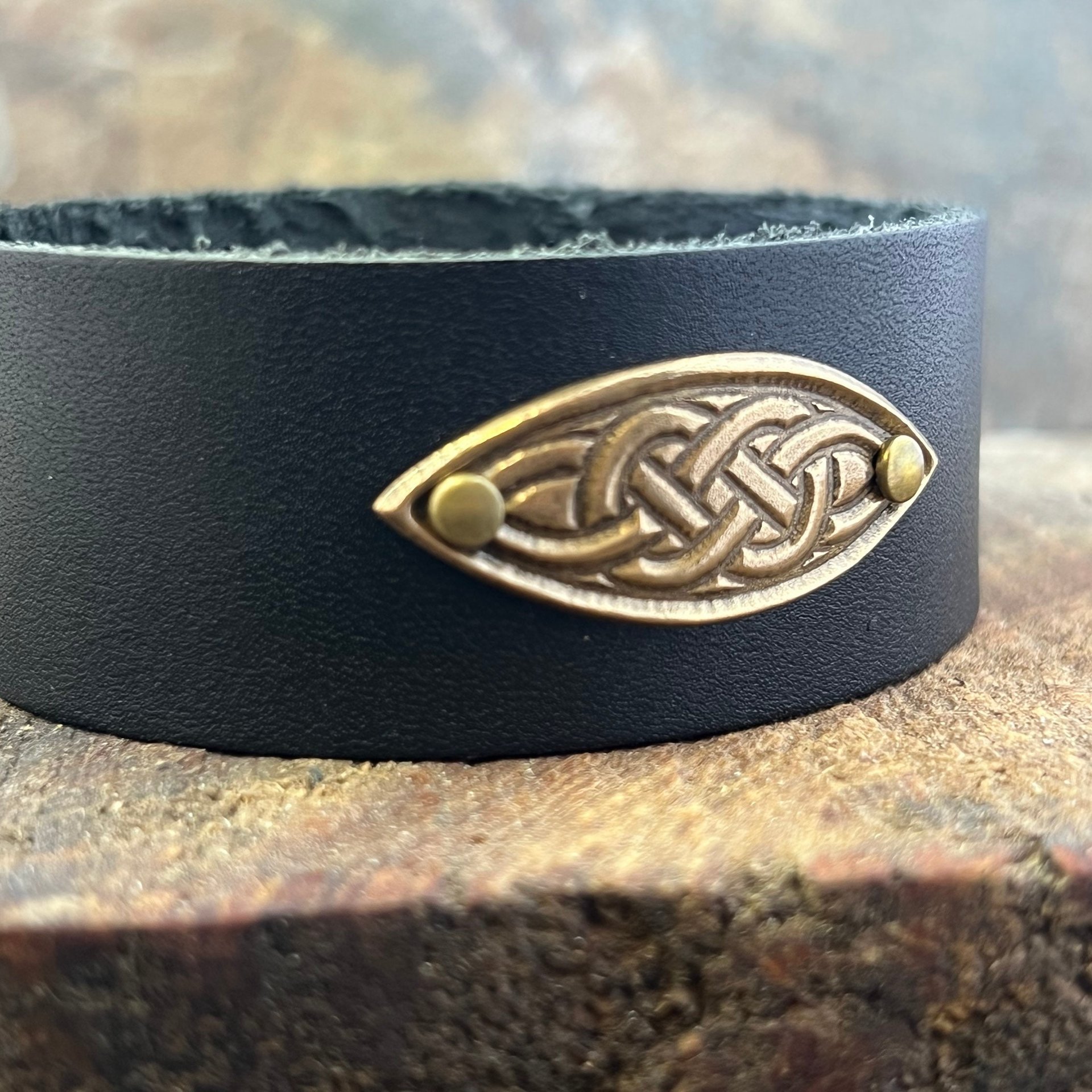Celtic Knots, Bronze & Leather Cuff Bracelet, Irish Celtic, Unisex Jewelry, Black Leather Adjustable Cuff, Size 6.75-8, Earthy Rustic