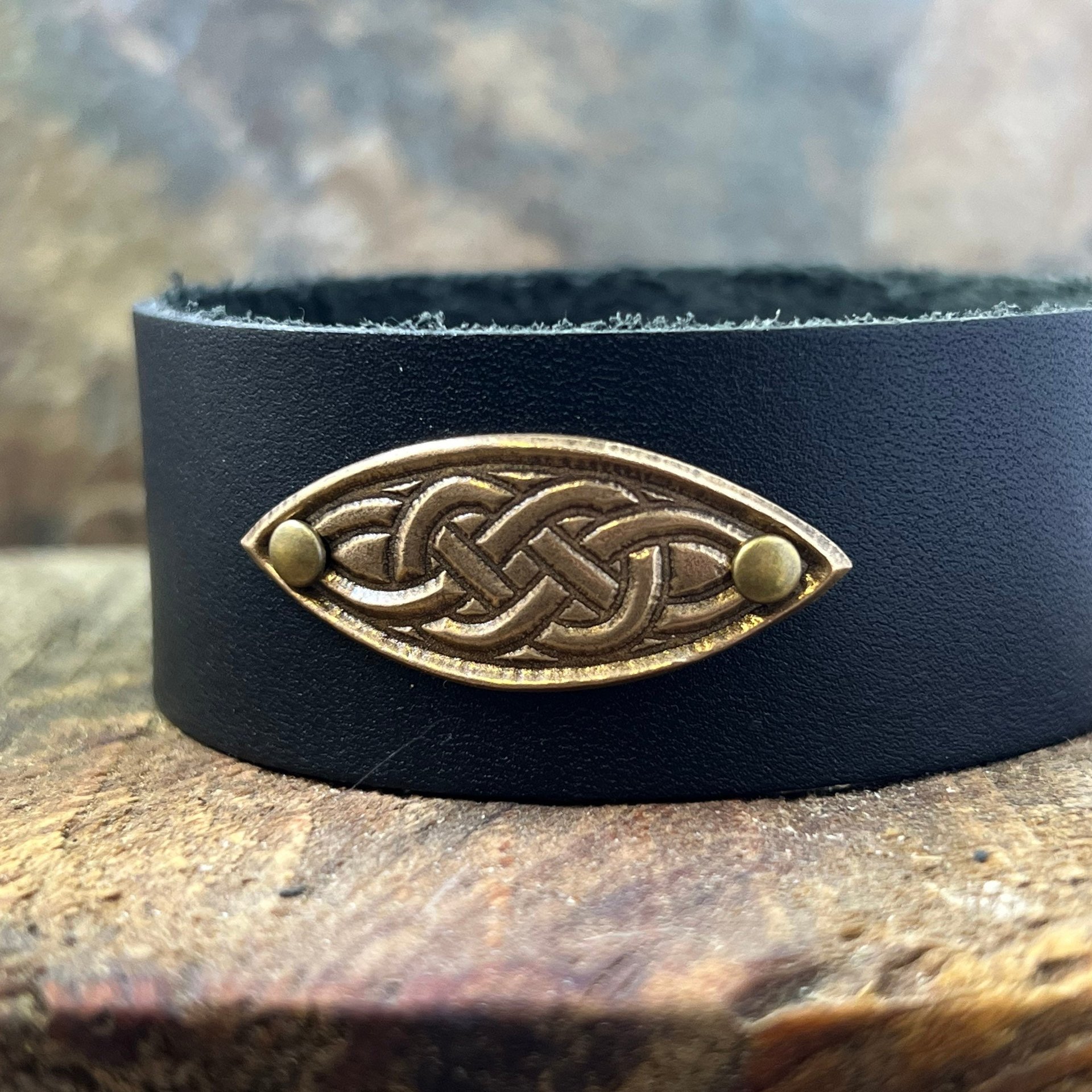 Celtic Knots, Bronze & Leather Cuff Bracelet, Irish Celtic, Unisex Jewelry, Black Leather Adjustable Cuff, Size 6.75-8, Earthy Rustic