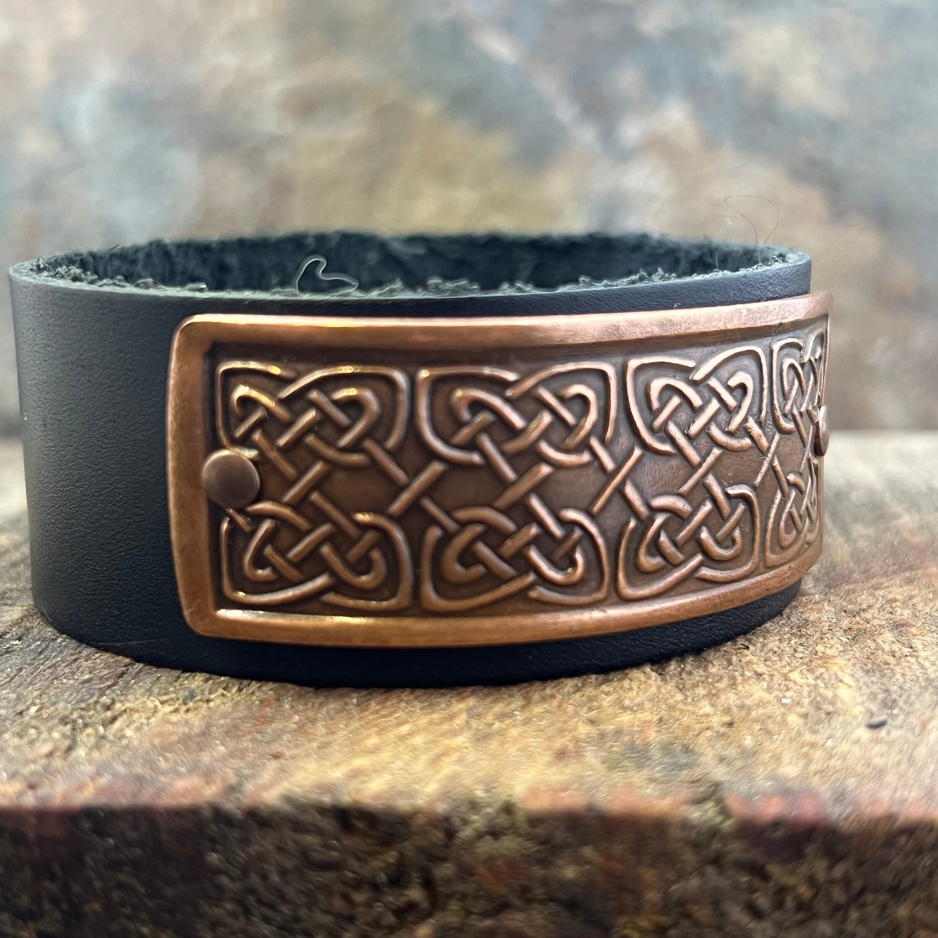 Celtic Knots, Copper & Leather Cuff Bracelet, Irish Celtic, Unisex Jewelry, Black Leather Adjustable Cuff, Size 6.75-8, Earthy Rustic