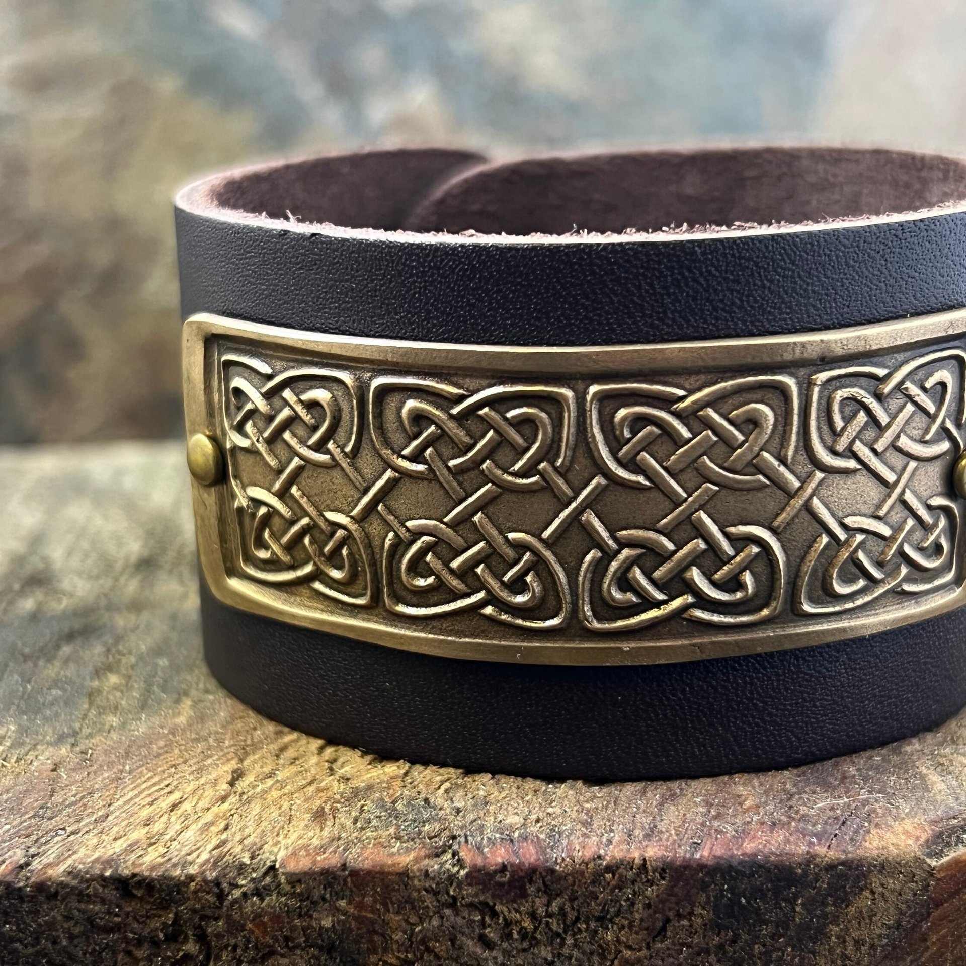 Celtic Knots, Bronze & Leather Cuff Bracelet, Irish Celtic, Unisex Jewelry, Black Leather Adjustable Cuff, Size 6.75-8, Earthy Rustic