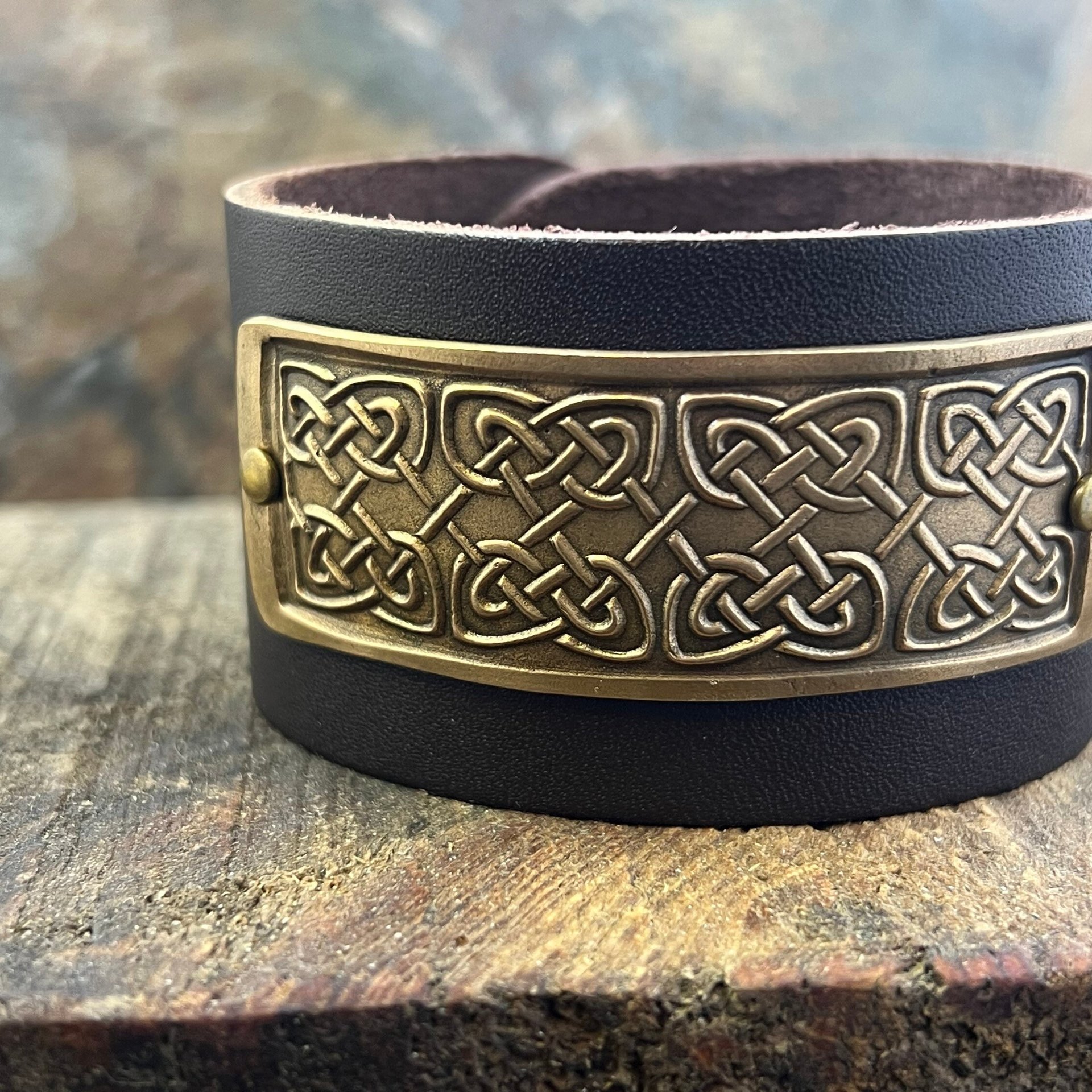 Celtic Knots, Bronze & Leather Cuff Bracelet, Irish Celtic, Unisex Jewelry, Black Leather Adjustable Cuff, Size 6.75-8, Earthy Rustic