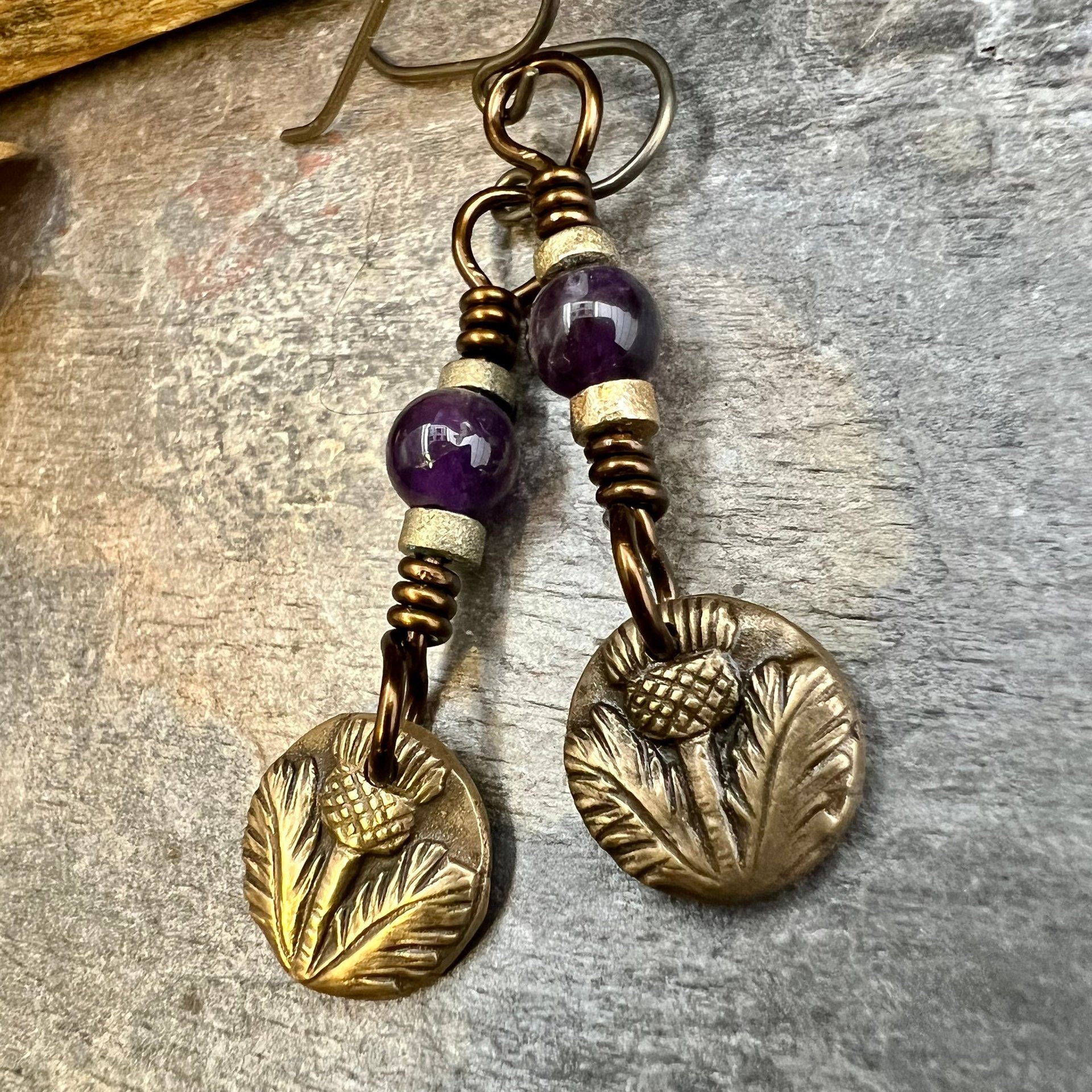 Scottish Thistle Earrings, Outlander Highlander, Scotland Gifts, Amethyst Beads, Wax Seal Jewelry, Small Disc Earrings, Every day Jewelry