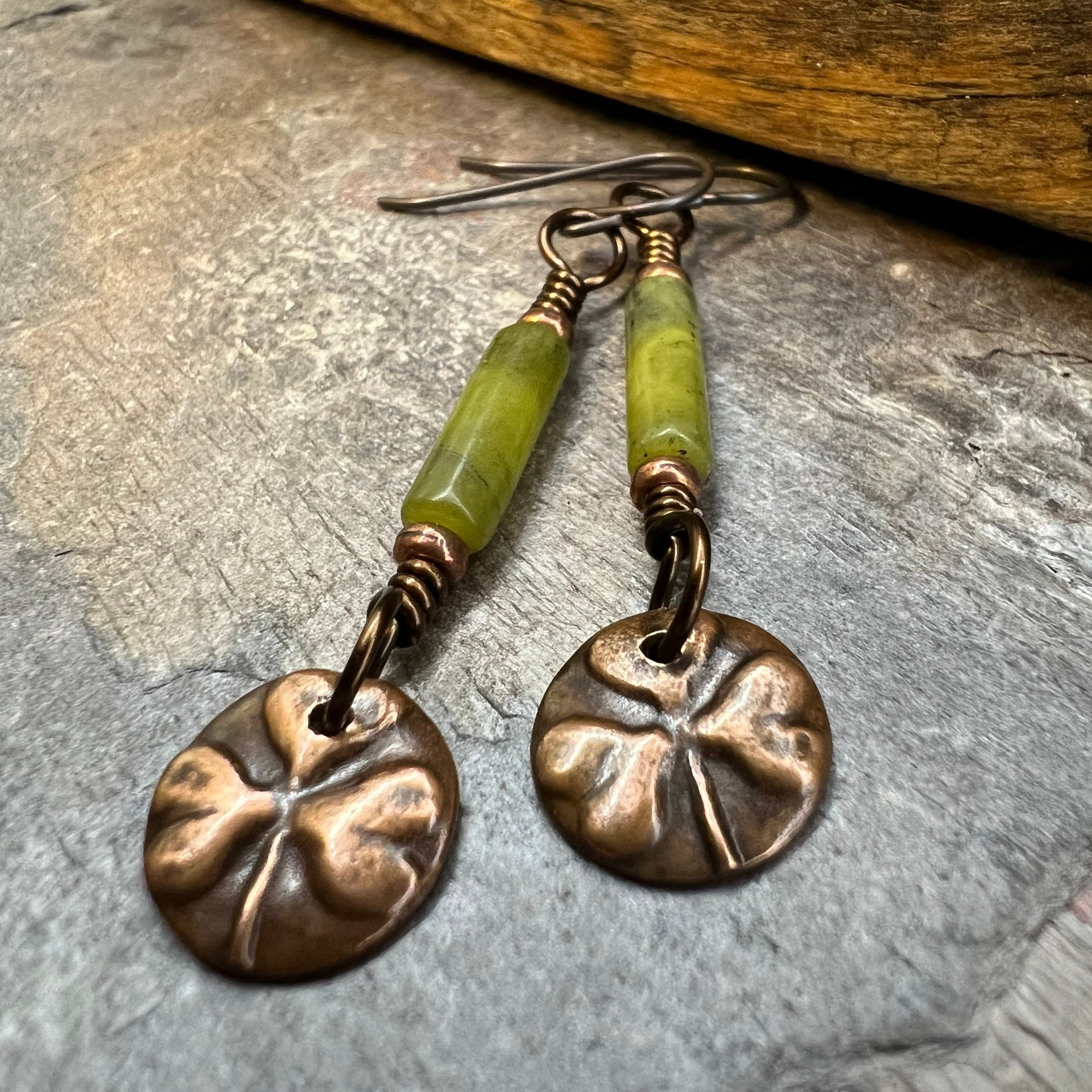 Shamrock Copper Earrings, Irish Clovers, Connemara Marble, Irish Shamrock, Irish Celtic Jewelry, St Patrick's Day, Copper 7th Anniversary