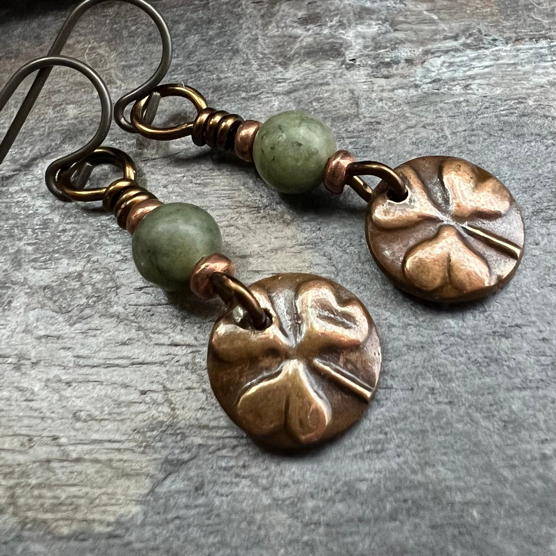 Shamrock Copper Earrings, Irish Clovers, Connemara Marble, Irish Shamrock, Irish Celtic Jewelry, St Patrick's Day, Copper 7th Anniversary