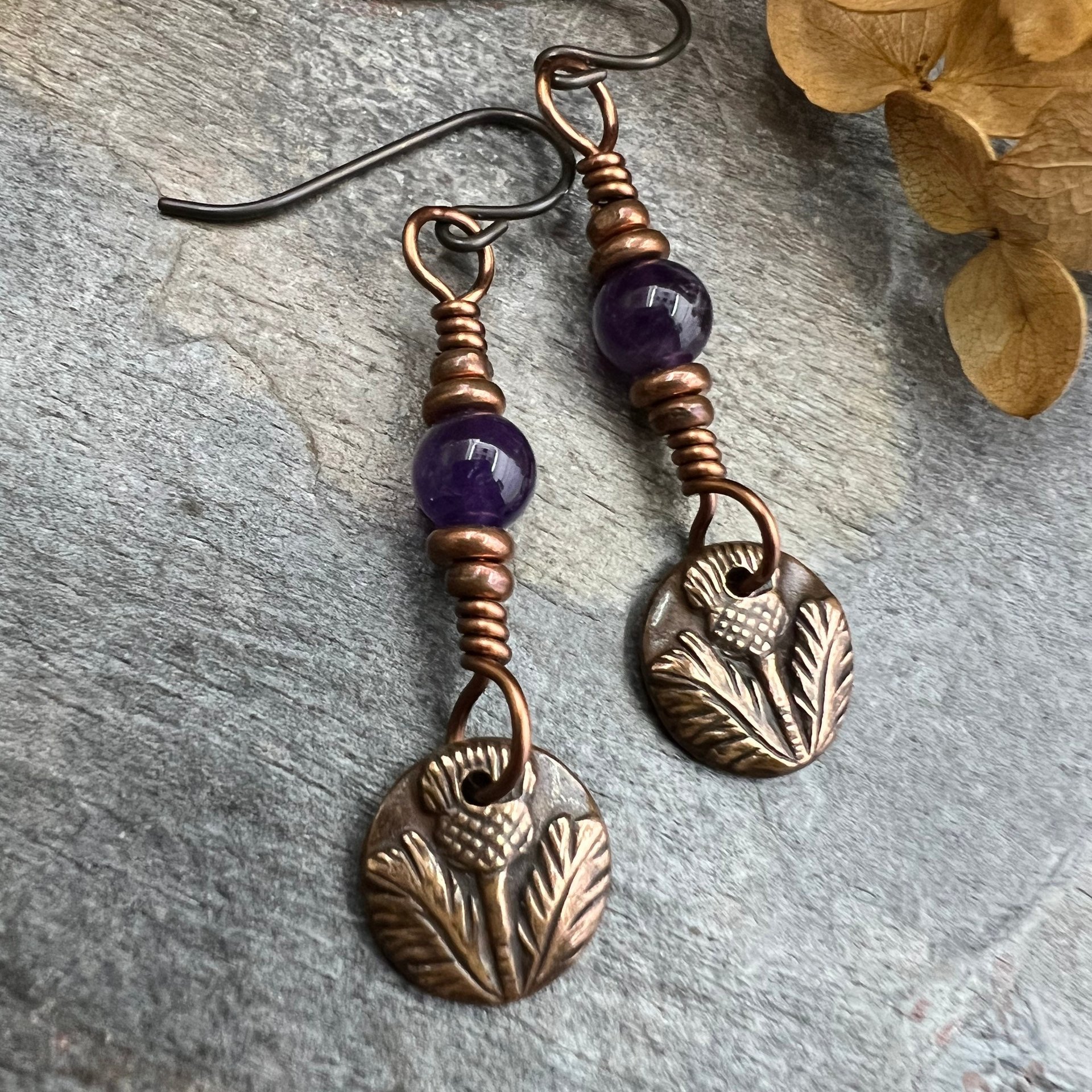 Scottish Thistle Earrings, Outlander Gifts, Copper Anniversary, Thistle of Scotland, Amethyst, Wax Seal Charm, Highlander, Disc Earrings
