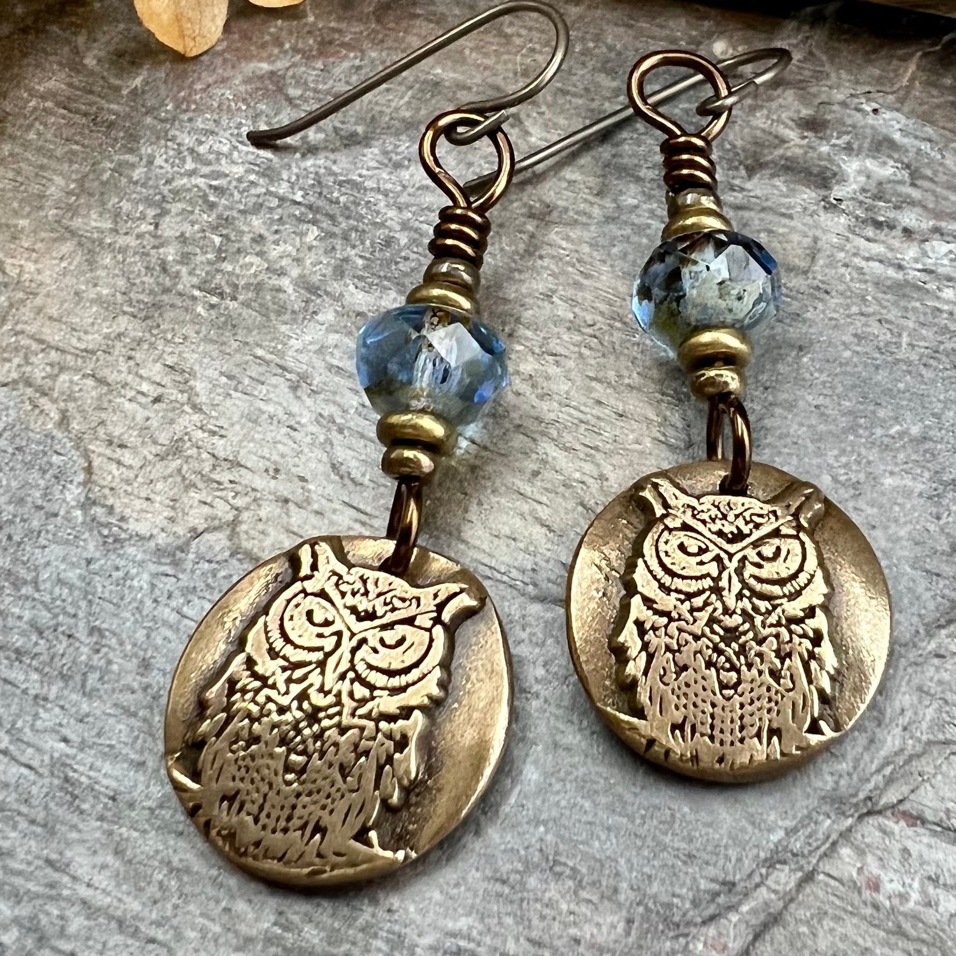 Bronze Owl Earrings, Earthy Witch Jewelry, Faceted Czech Glass Beads, Hypoallergenic Ear Wires, Light Dangle Earrings, Handmade Art Jewelry