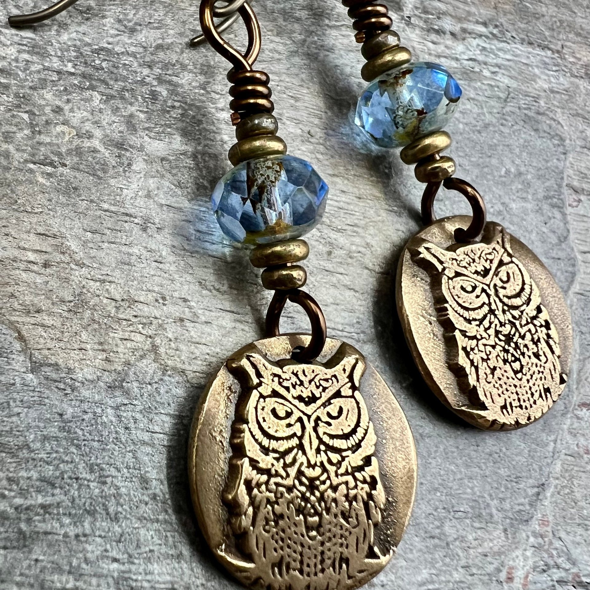 Bronze Owl Earrings, Earthy Witch Jewelry, Faceted Czech Glass Beads, Hypoallergenic Ear Wires, Light Dangle Earrings, Handmade Art Jewelry