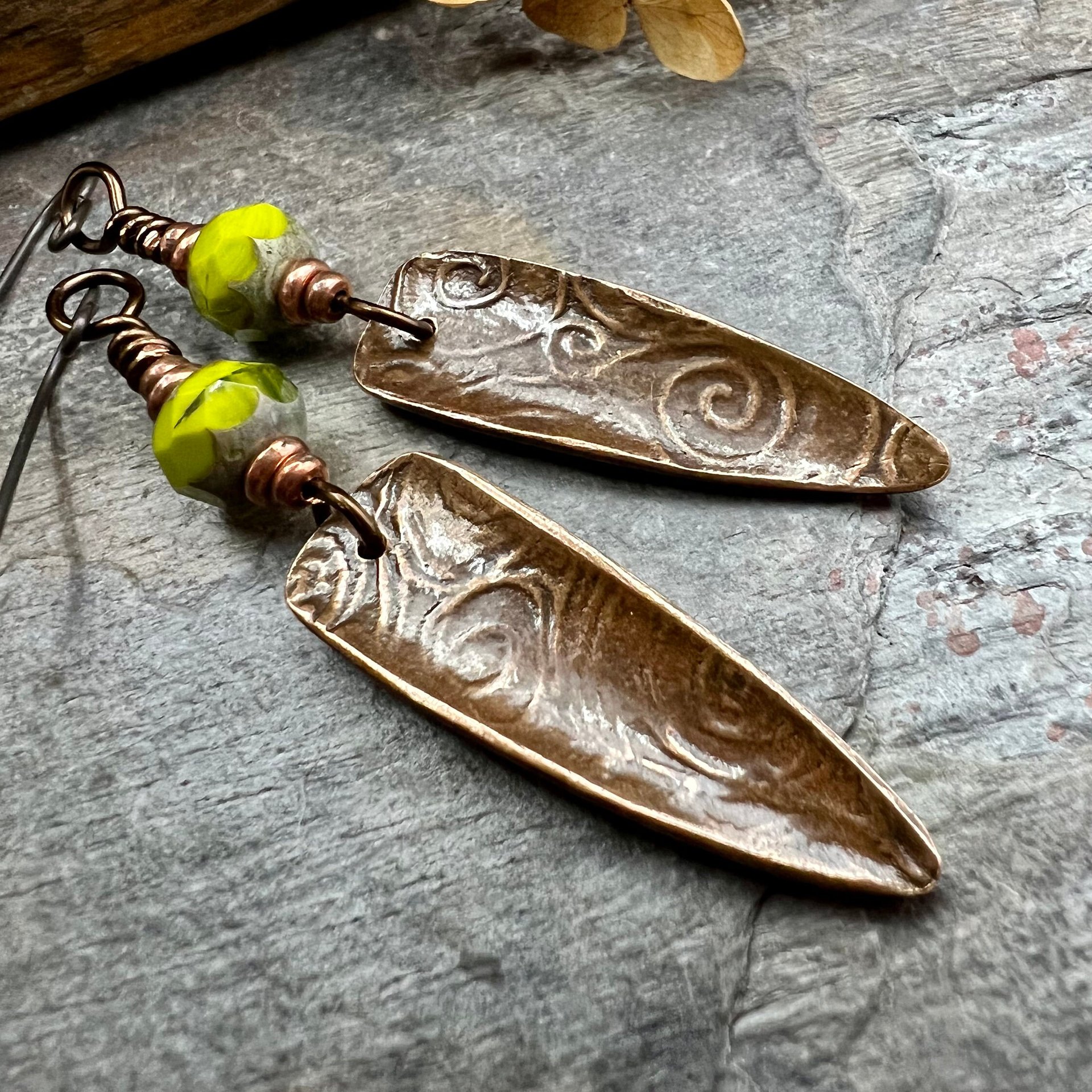 Celtic Spiral Earrings, Copper Shield, Irish Celtic Spirals, Statement Dangle Earrings, Hypoallergenic Ear Wires, Green Czech Glass, Goddess