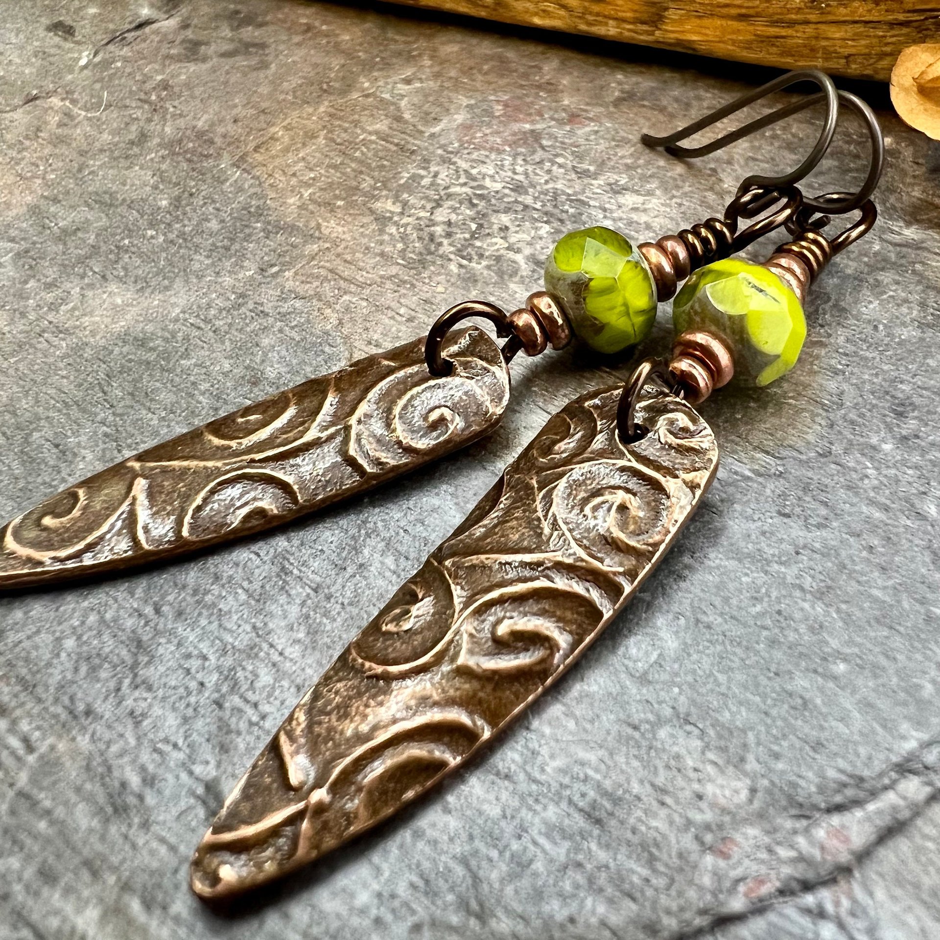 Celtic Spiral Earrings, Copper Shield, Irish Celtic Spirals, Statement Dangle Earrings, Hypoallergenic Ear Wires, Green Czech Glass, Goddess