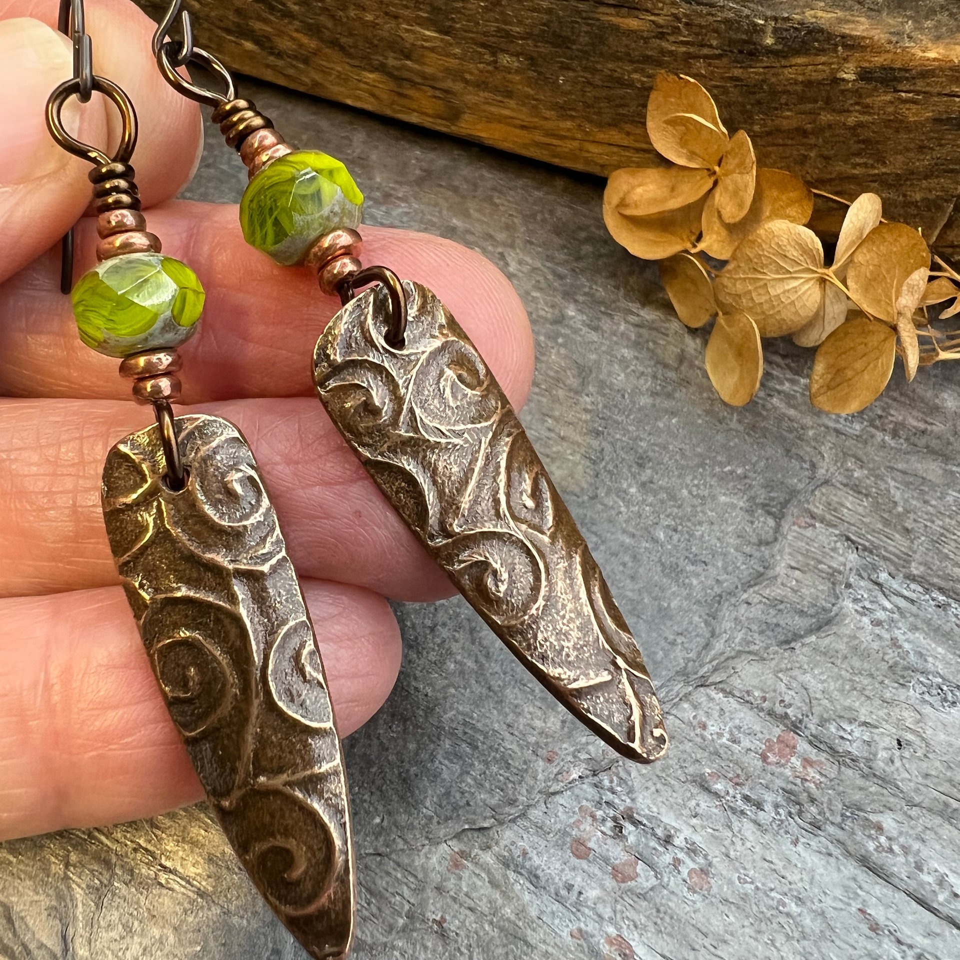 Celtic Spiral Earrings, Copper Shield, Irish Celtic Spirals, Statement Dangle Earrings, Hypoallergenic Ear Wires, Green Czech Glass, Goddess