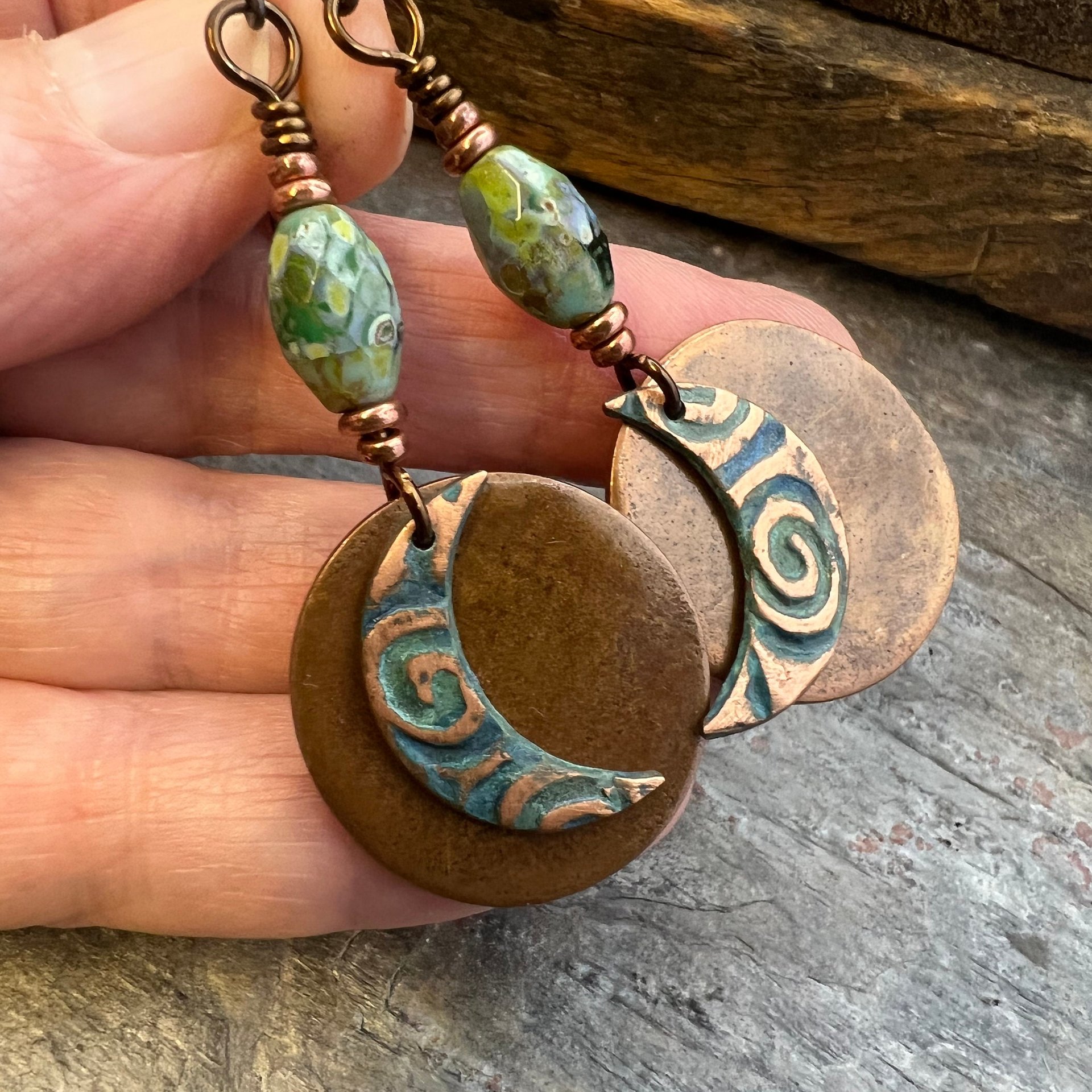 Crescent Moon, Copper Disc Earrings, Czech Glass Beads, Copper & Blue, Crescent Moon, Luna Goddess, Celtic Witch, Pagan Wicca, Moon Lover