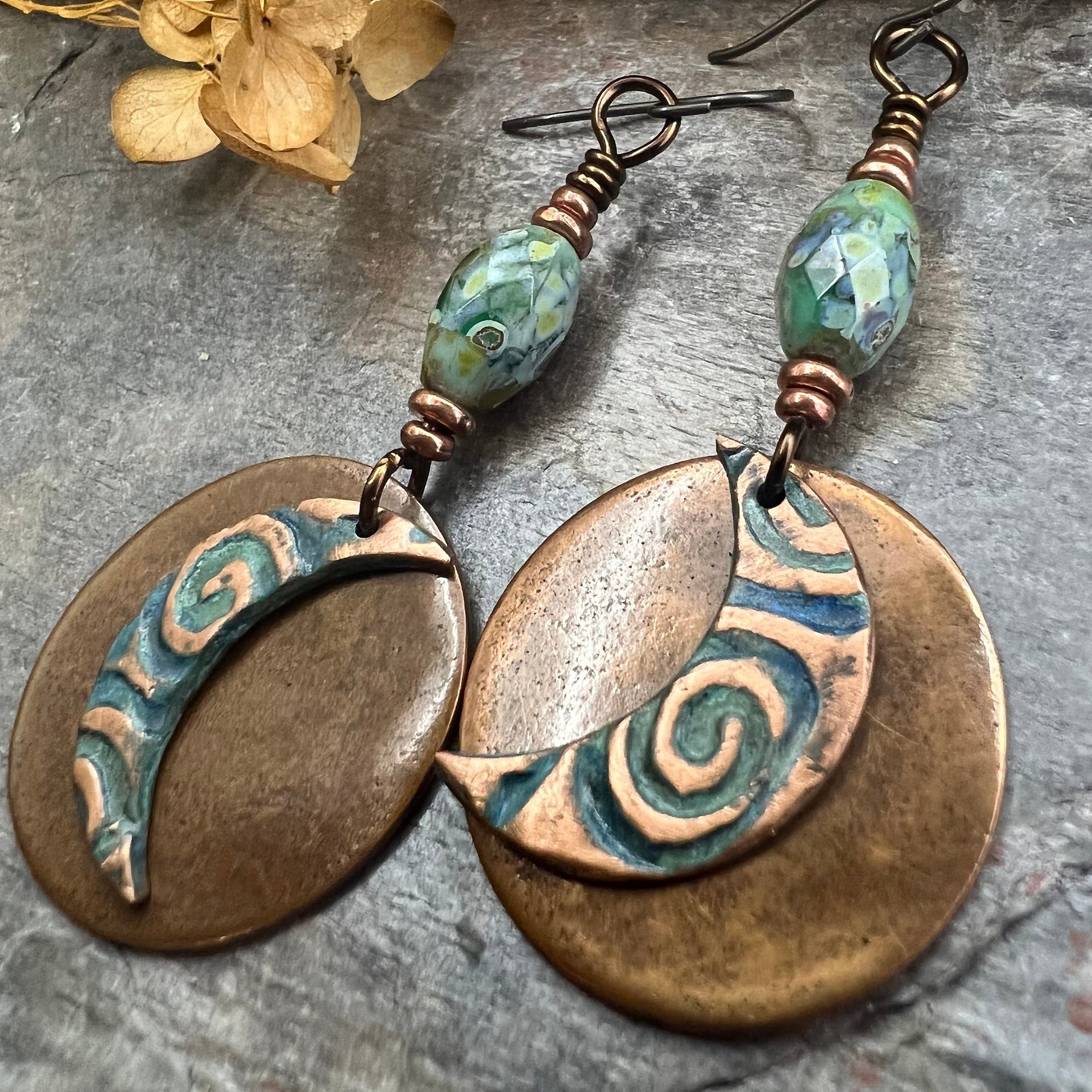 Crescent Moon, Copper Disc Earrings, Czech Glass Beads, Copper & Blue, Crescent Moon, Luna Goddess, Celtic Witch, Pagan Wicca, Moon Lover