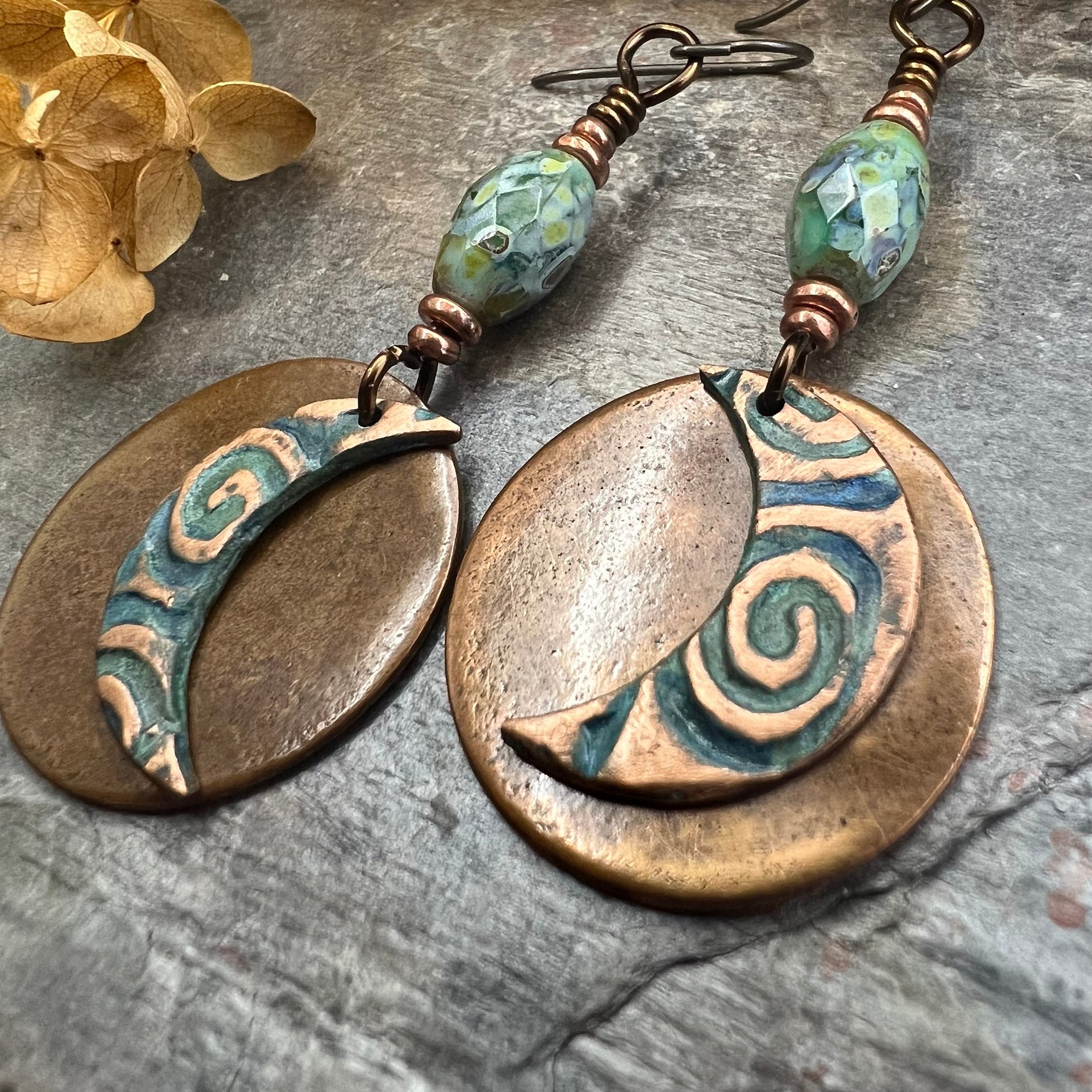 Crescent Moon, Copper Disc Earrings, Czech Glass Beads, Copper & Blue, Crescent Moon, Luna Goddess, Celtic Witch, Pagan Wicca, Moon Lover