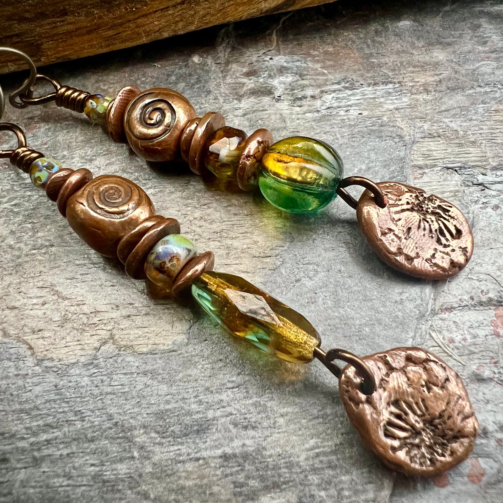 Stacked Cairn Earrings, Copper Spirals, Coral Fossil Texture, Czech Glass Beads, Hypoallergenic Ear Wires, Earthy Primitive, Arty Mismatched