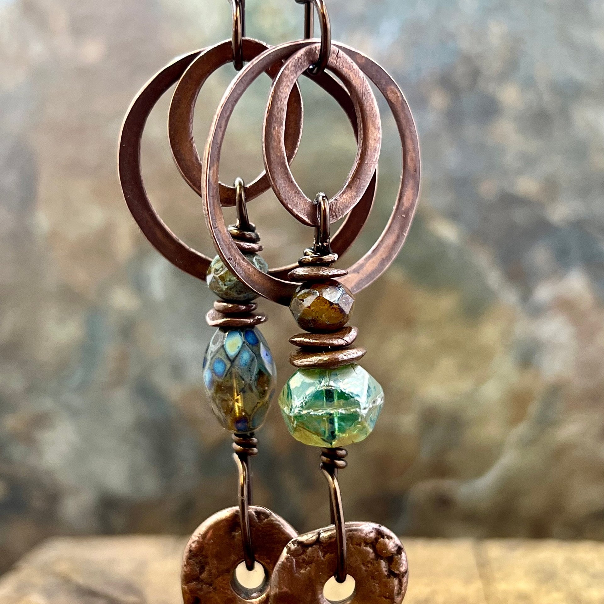 Copper Hoop & Donut Earrings, Stacked Cairns, Fossil Texture, Czech Glass Beads, Hypoallergenic Ear Wires, Earthy, Arty Mismatched Earrings