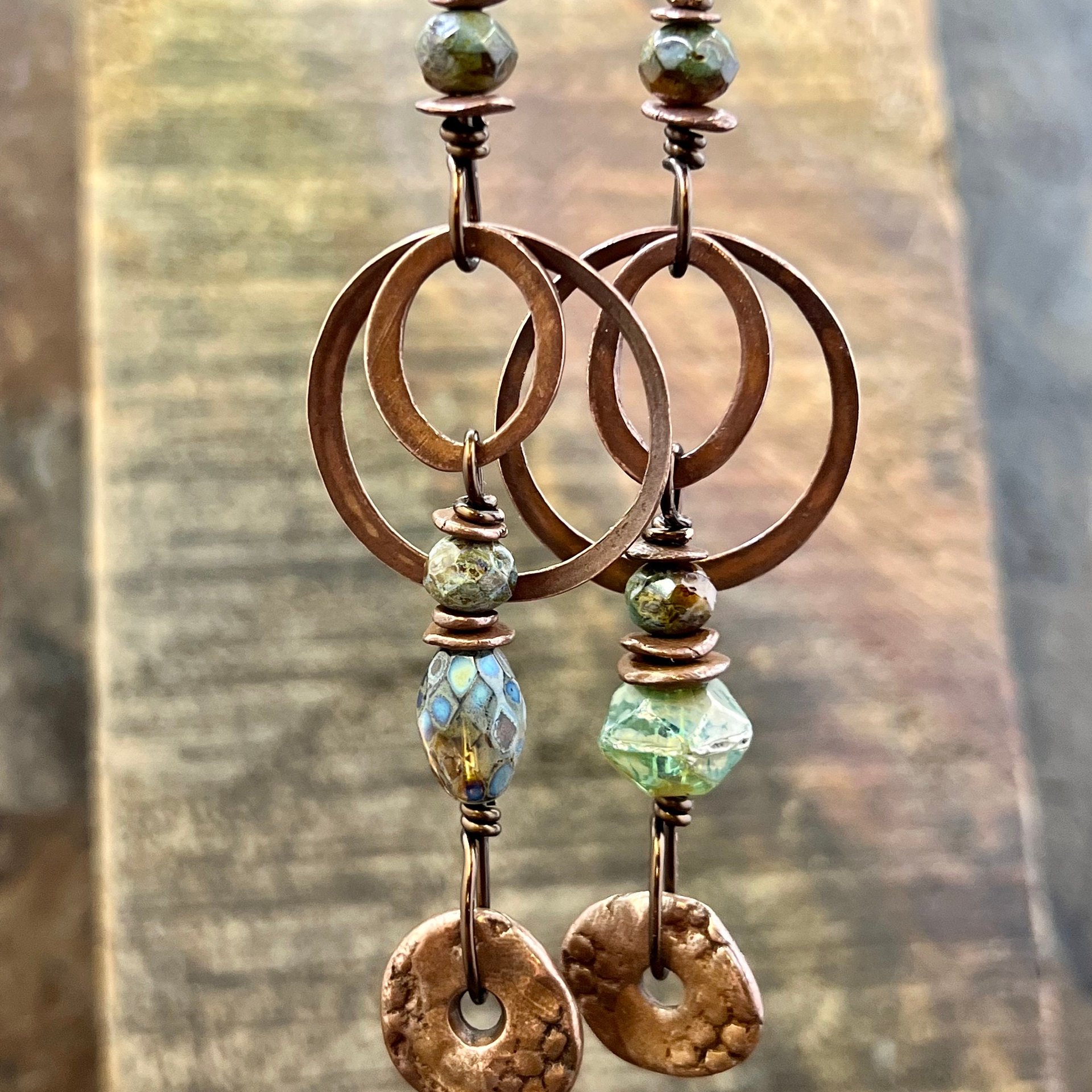 Copper Hoop & Donut Earrings, Stacked Cairns, Fossil Texture, Czech Glass Beads, Hypoallergenic Ear Wires, Earthy, Arty Mismatched Earrings