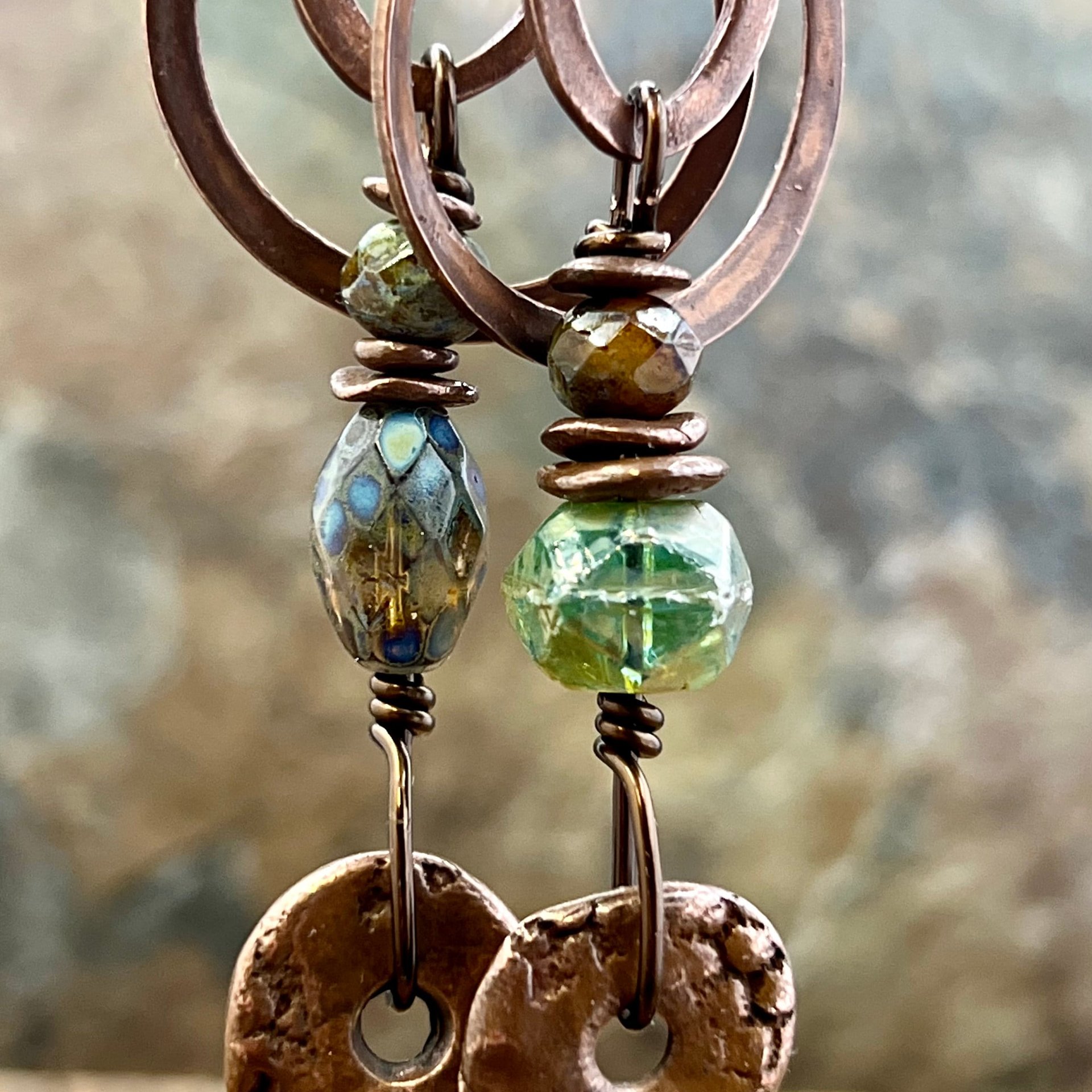 Copper Hoop & Donut Earrings, Stacked Cairns, Fossil Texture, Czech Glass Beads, Hypoallergenic Ear Wires, Earthy, Arty Mismatched Earrings