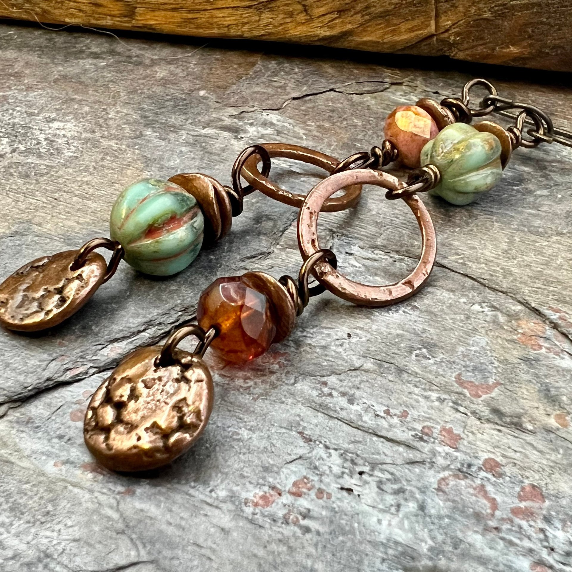 Long Copper Hoop Earrings, Stacked Cairns, Czech Glass Beads, Hypoallergenic Ear Wires, Earthy Rustic Primitive, Arty Mismatched Earrings