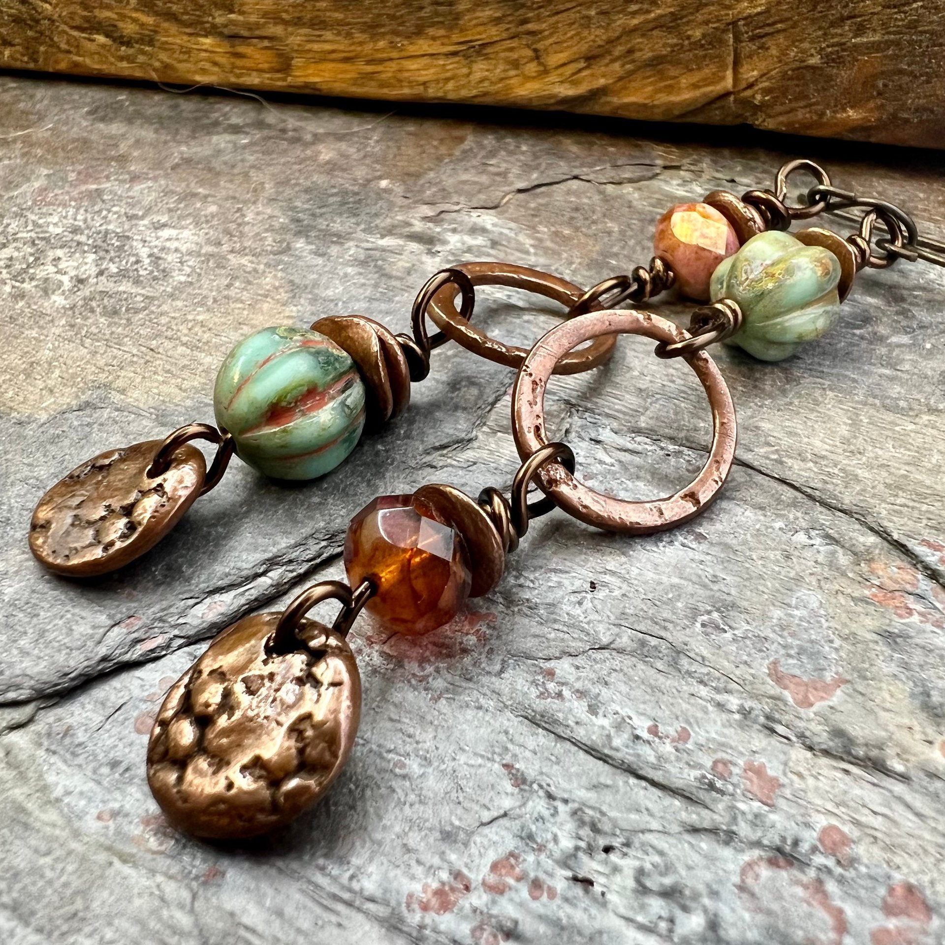 Long Copper Hoop Earrings, Stacked Cairns, Czech Glass Beads, Hypoallergenic Ear Wires, Earthy Rustic Primitive, Arty Mismatched Earrings