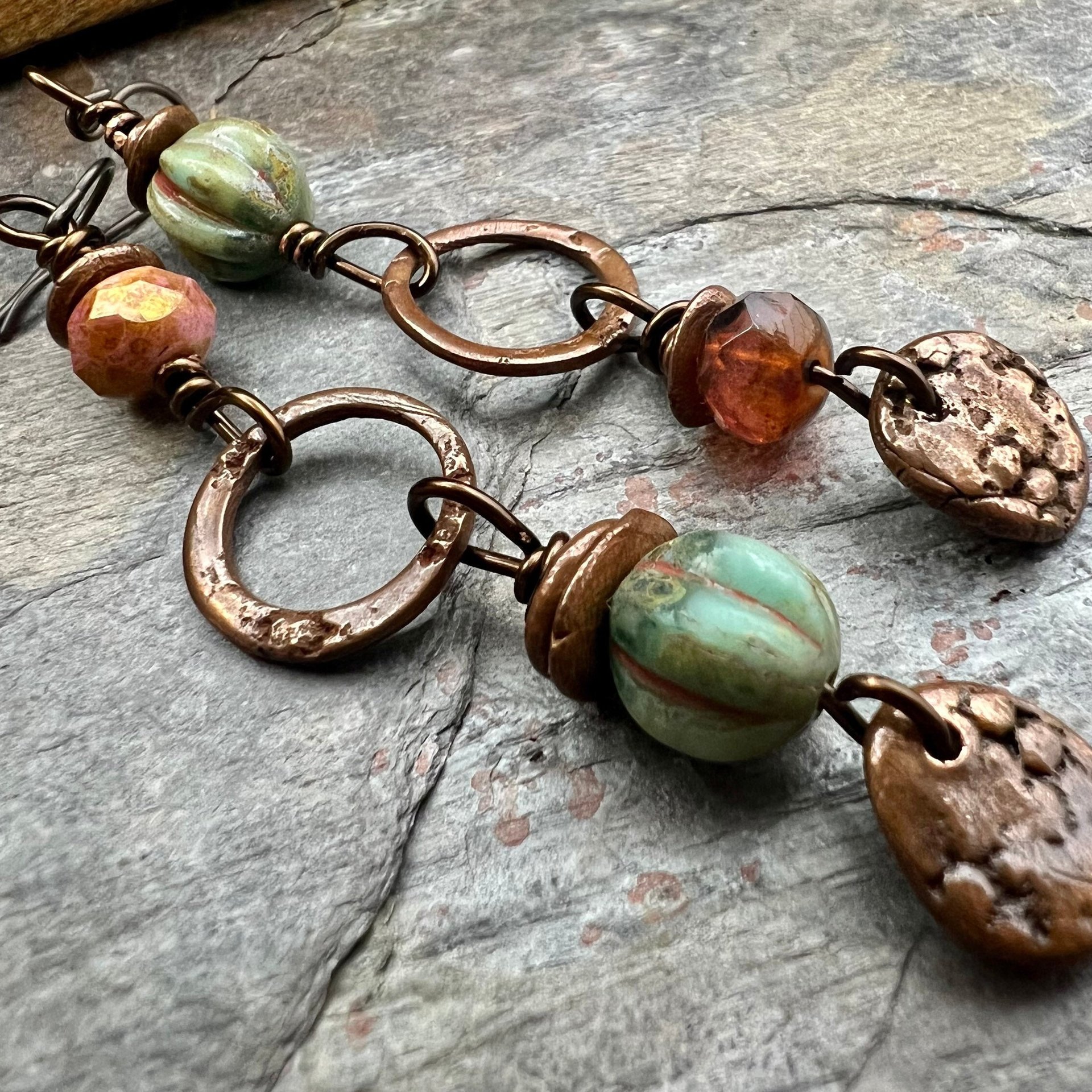 Long Copper Hoop Earrings, Stacked Cairns, Czech Glass Beads, Hypoallergenic Ear Wires, Earthy Rustic Primitive, Arty Mismatched Earrings