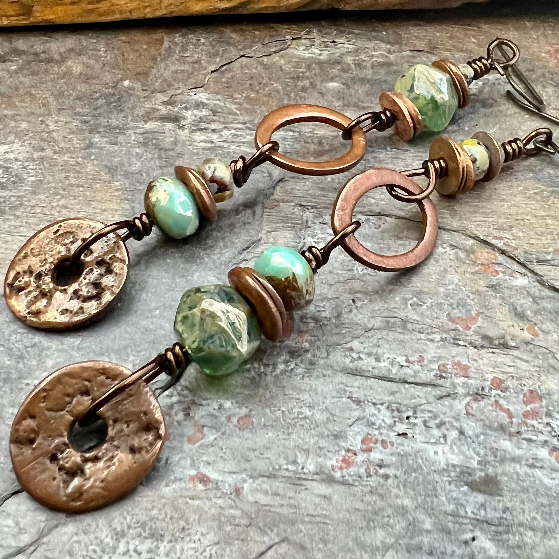 Stacked Cairn Earrings, Copper Hoops, Czech Glass Beads, Hypoallergenic Ear Wires, Earthy Primitive, Arty Mismatched Earrings, Copper & Aqua