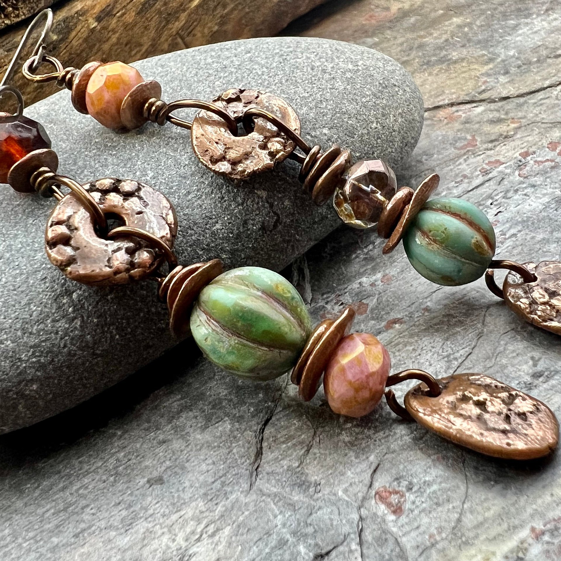 Long Dangle Copper Earrings, Stacked Cairns, Fossil Texture, Czech Glass Beads, Hypoallergenic Ear Wires, Earthy, Arty Mismatched Earrings