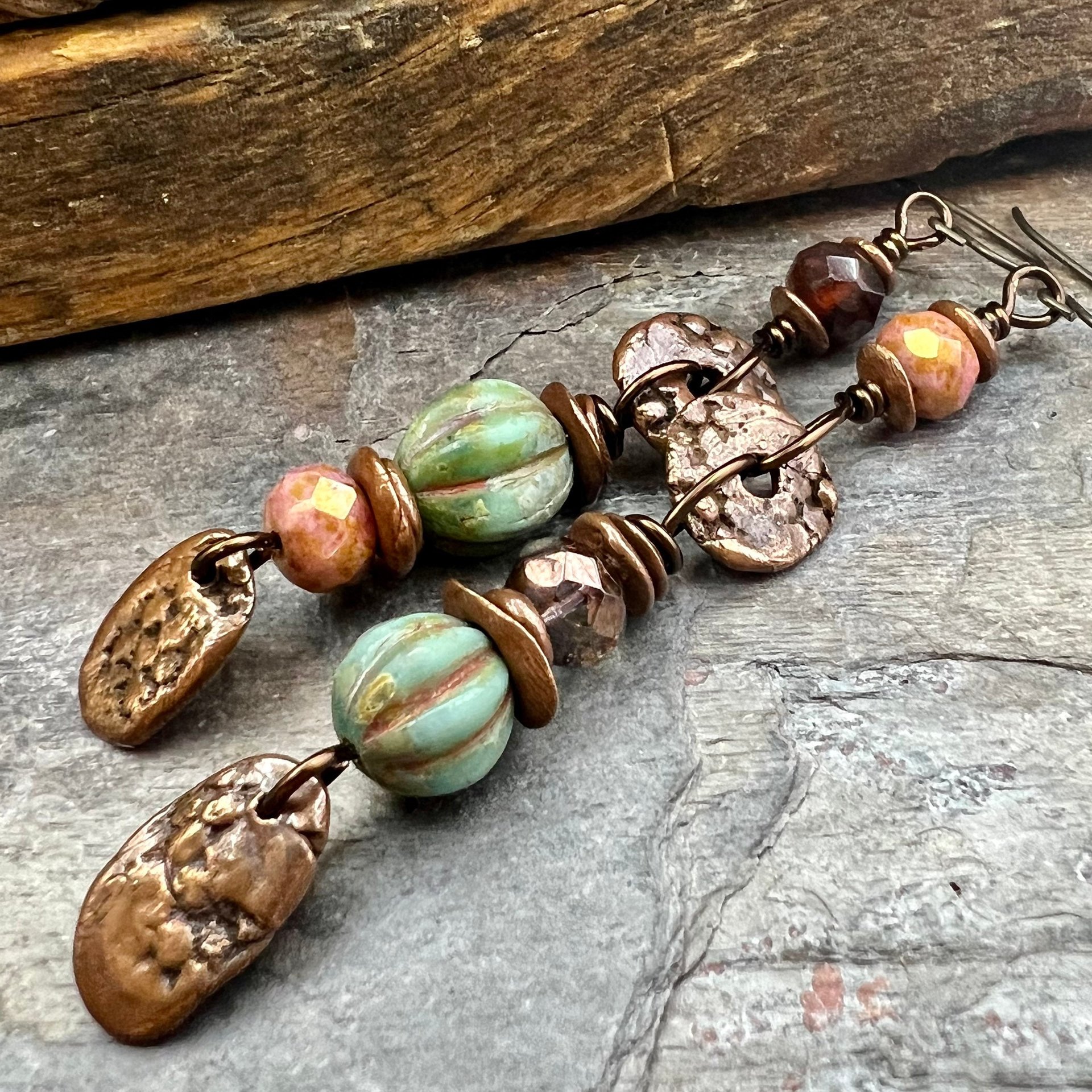 Long Dangle Copper Earrings, Stacked Cairns, Fossil Texture, Czech Glass Beads, Hypoallergenic Ear Wires, Earthy, Arty Mismatched Earrings