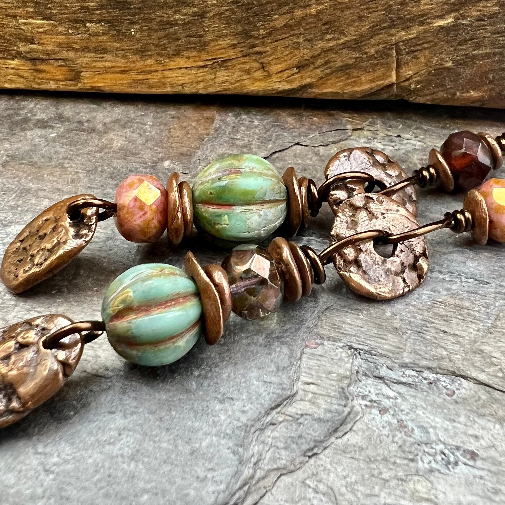 Long Dangle Copper Earrings, Stacked Cairns, Fossil Texture, Czech Glass Beads, Hypoallergenic Ear Wires, Earthy, Arty Mismatched Earrings