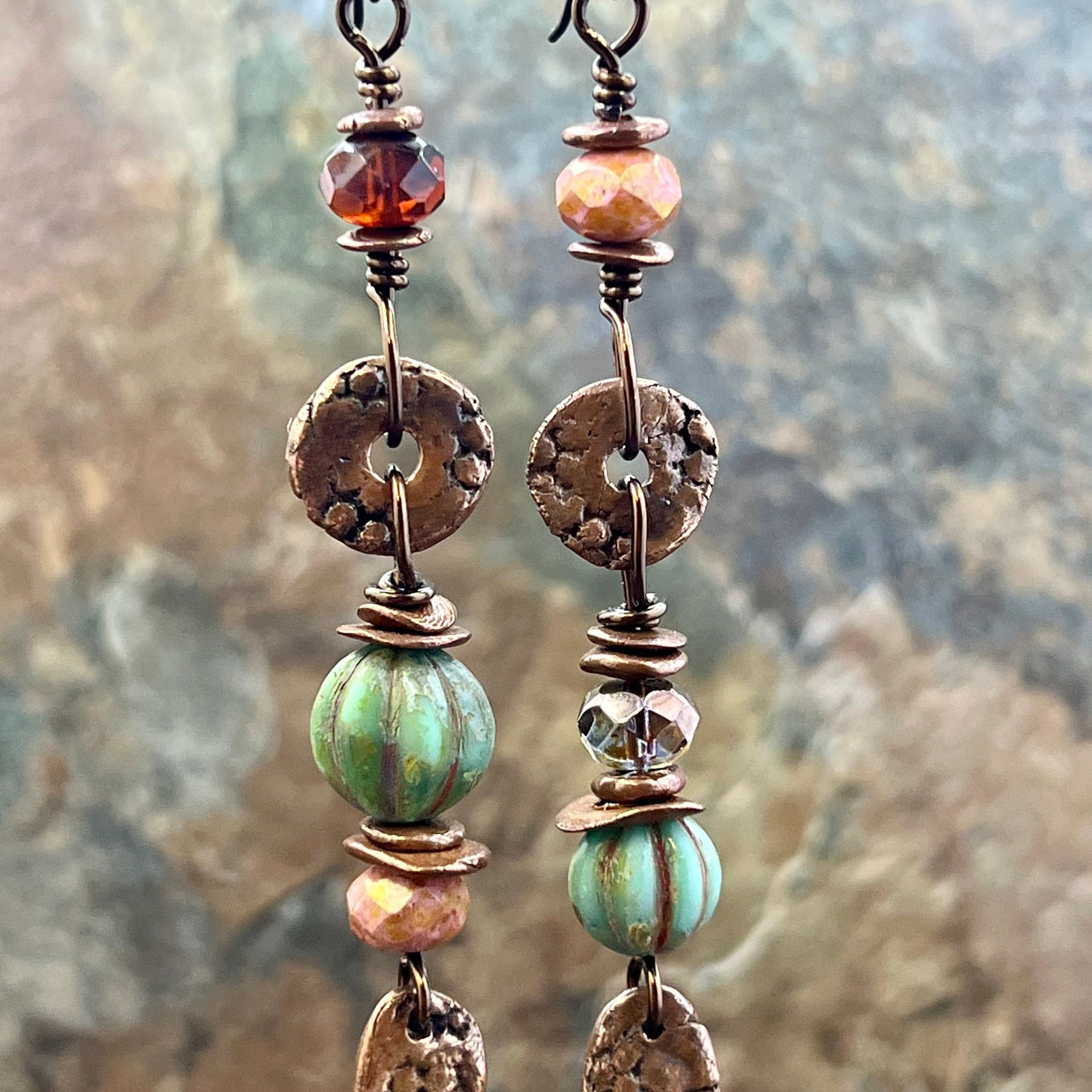 Long Dangle Copper Earrings, Stacked Cairns, Fossil Texture, Czech Glass Beads, Hypoallergenic Ear Wires, Earthy, Arty Mismatched Earrings