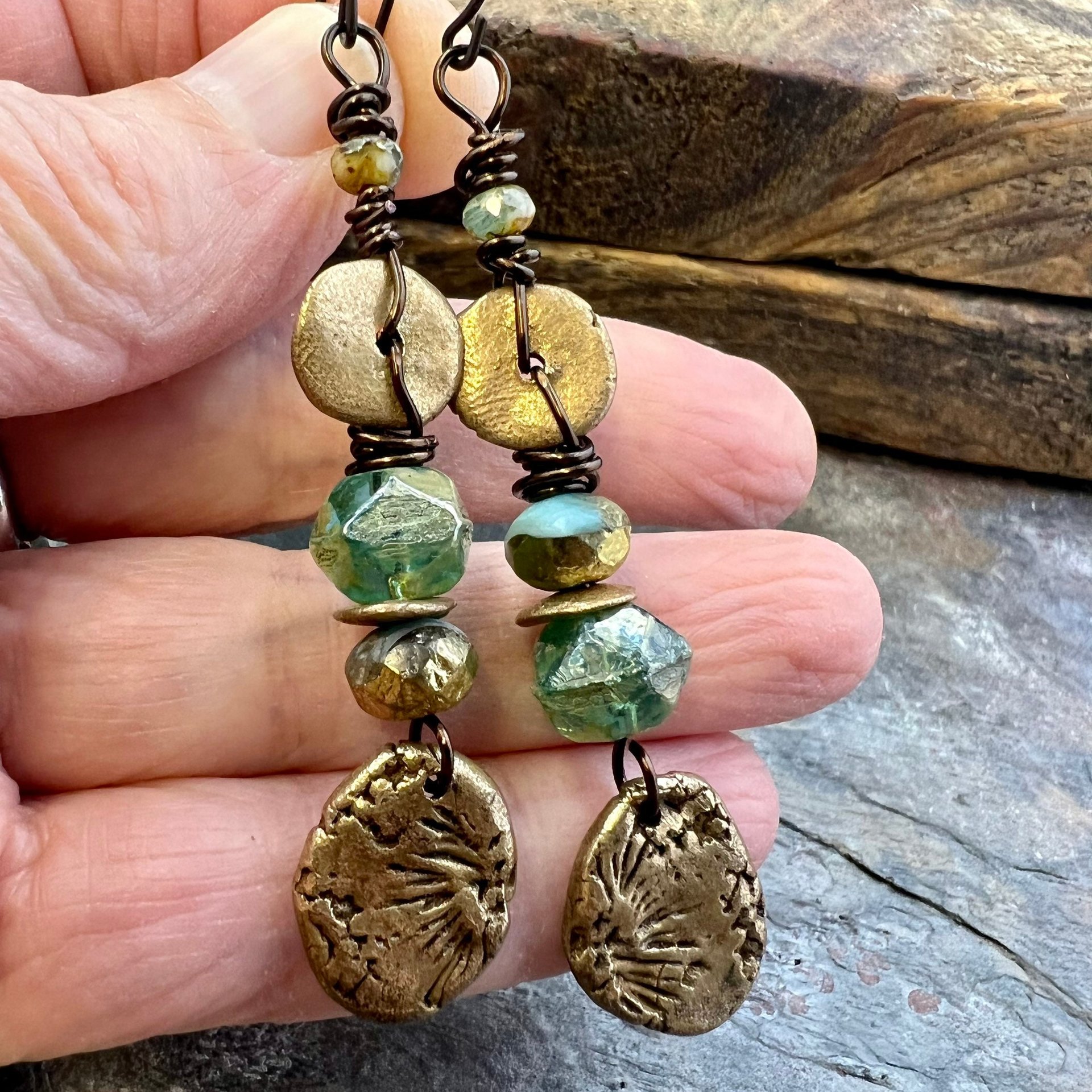 Bronze Coral Fossil Texture Earrings, Stacked Cairns, Washer Donut Beads, Czech Glass, Bronze & Aqua, Arty Mismatched Earrings, Long Dangles