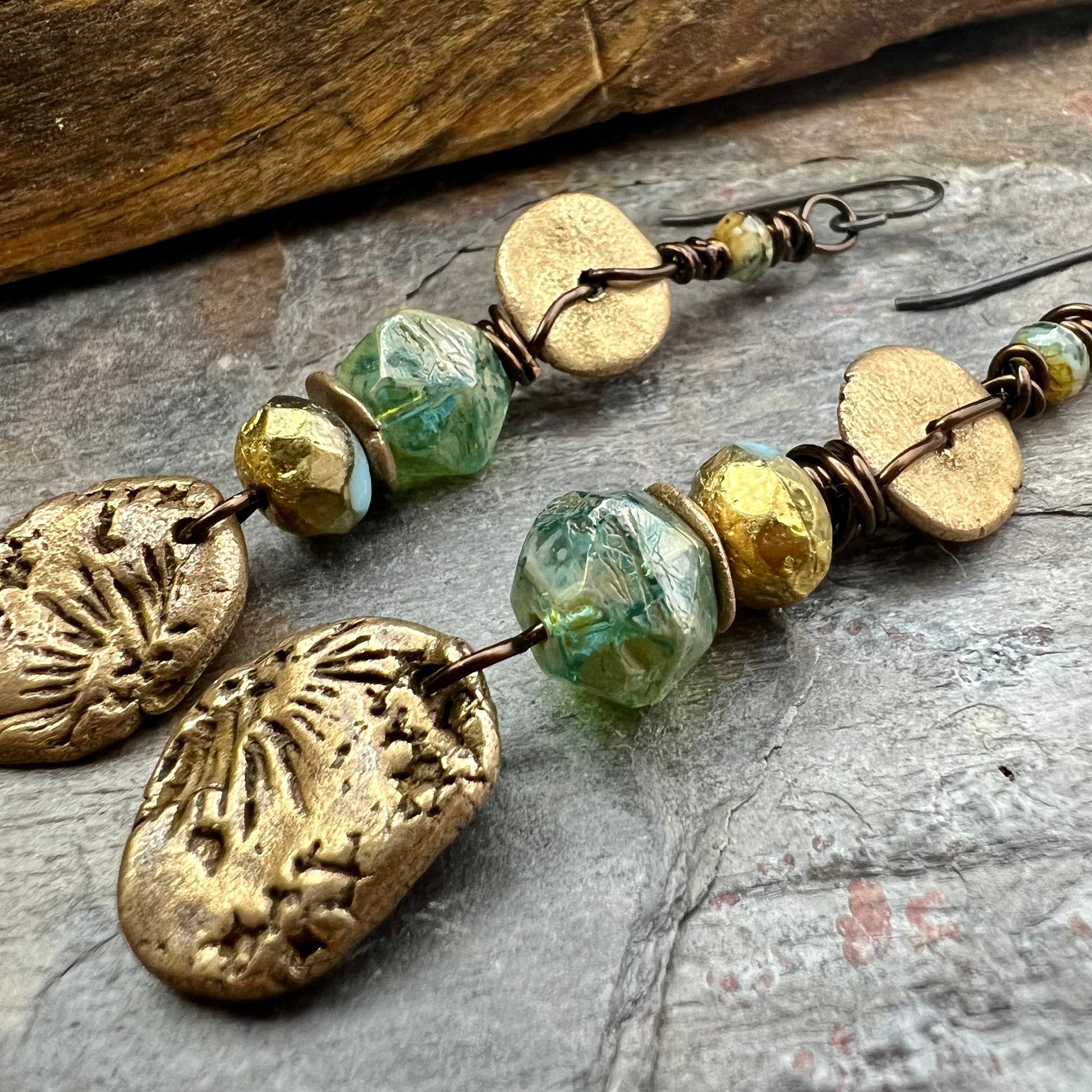 Bronze Coral Fossil Texture Earrings, Stacked Cairns, Washer Donut Beads, Czech Glass, Bronze & Aqua, Arty Mismatched Earrings, Long Dangles